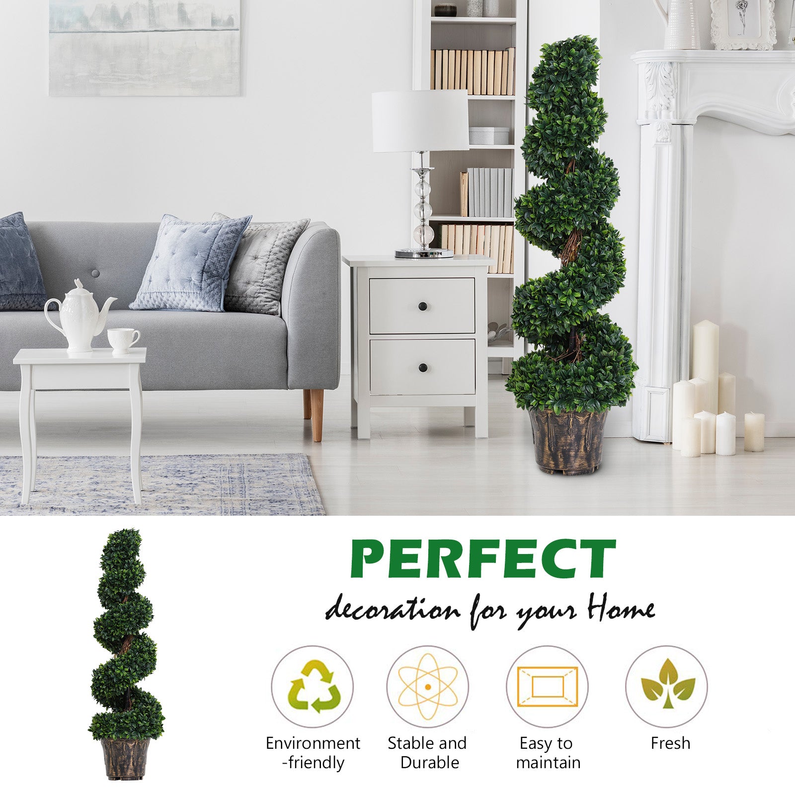 Outsunny Set of 2 Artificial Boxwood Spiral Topiary Trees Potted Decorative Plant Outdoor and Indoor Décor 120cm - North Peak Garden Furniture