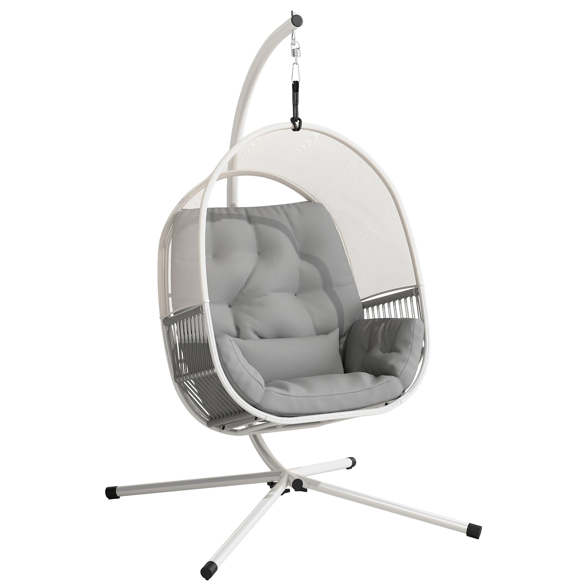 Outsunny Hanging Egg Chair Outdoor Indoor, Swing Hammock Chair with Stand, Cushions, Lumbar Pillow, Adjustable Height and Steel Frame for Garden Patio Lounge Porch, Light Grey - North Peak Garden Furniture