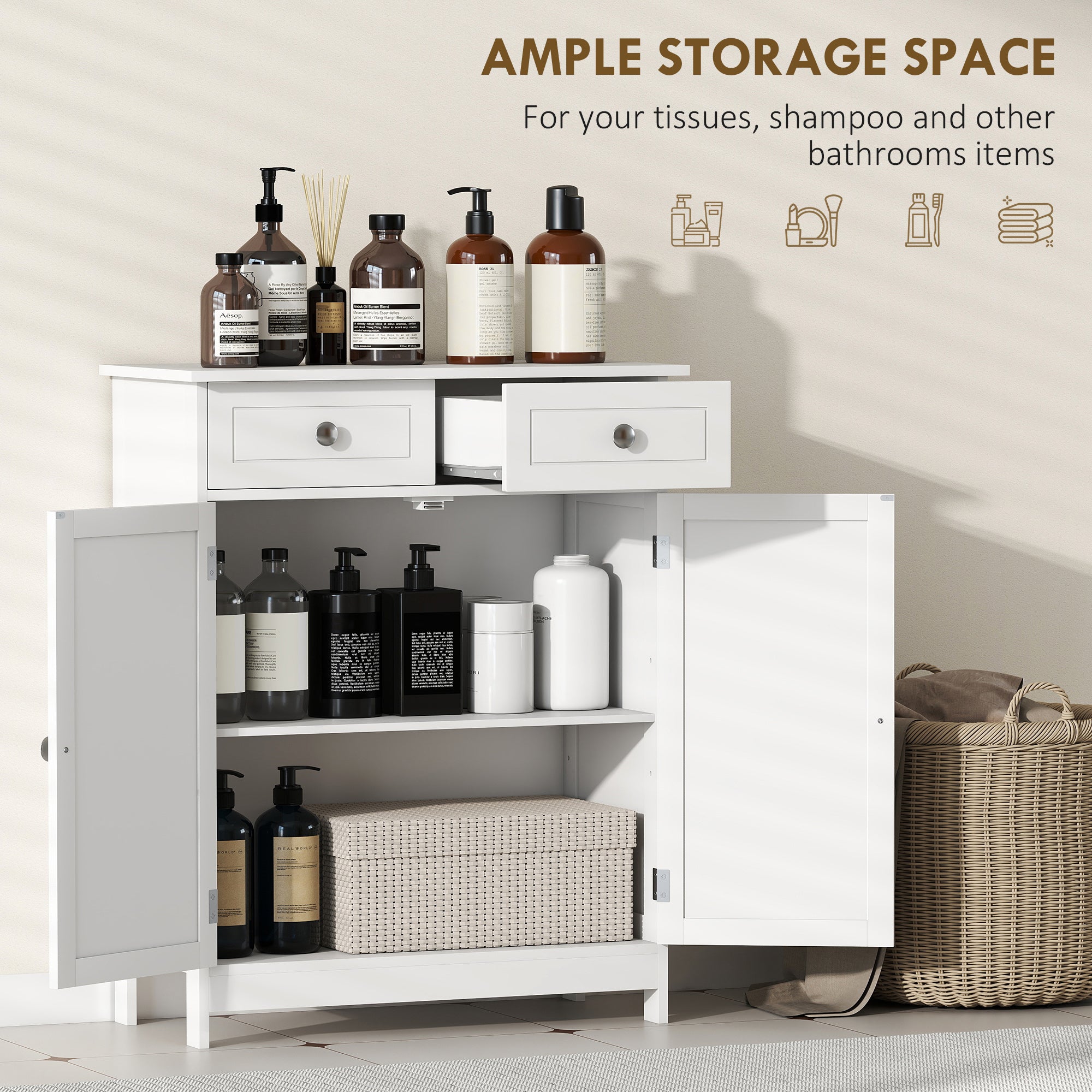 kleankin 75x60cm Freestanding Bathroom Storage Cabinet Unit w/ 2 Drawers Cupboard Adjustable Shelf Metal Handles Traditional Style White