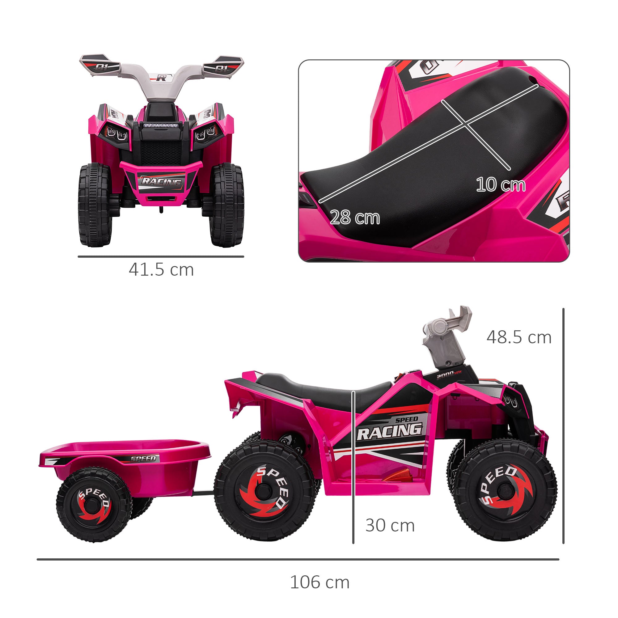 HOMCOM 6V Quad Bike with Back Trailer, Wear-Resistant Wheels, for Ages 18-36 Months, Pink - North Peak Garden Furniture