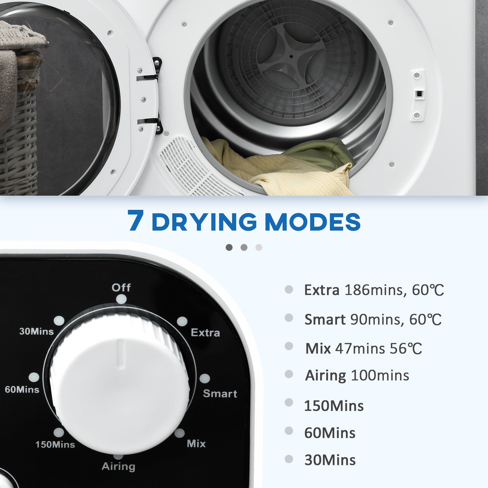 HOMCOM 6kg Vented Tumble Dryer, Freestanding, Wall Mounted, Stackable, Portable Dryer with 7 Programmers, White - North Peak Garden Furniture