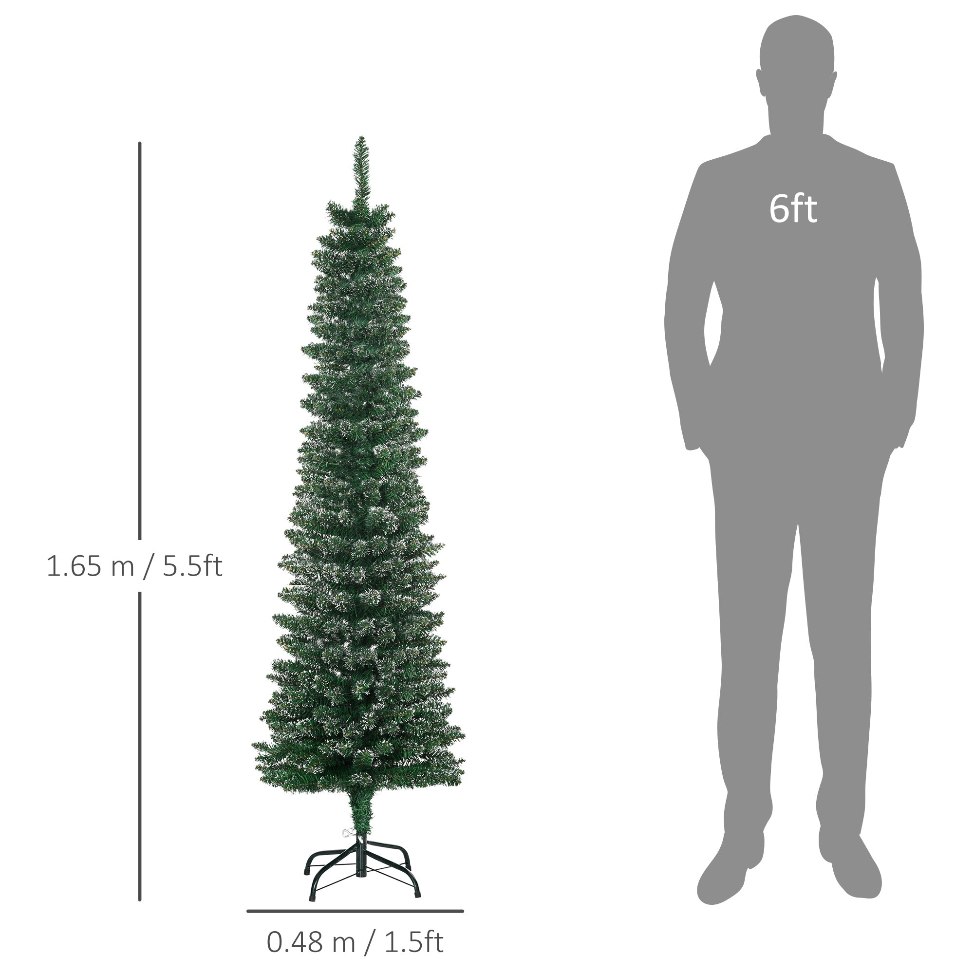 HOMCOM 5.5FT Artificial Snow Dipped Christmas Tree Xmas Pencil Tree Holiday Home Indoor Decoration with Foldable Black Stand, Green - North Peak Garden Furniture