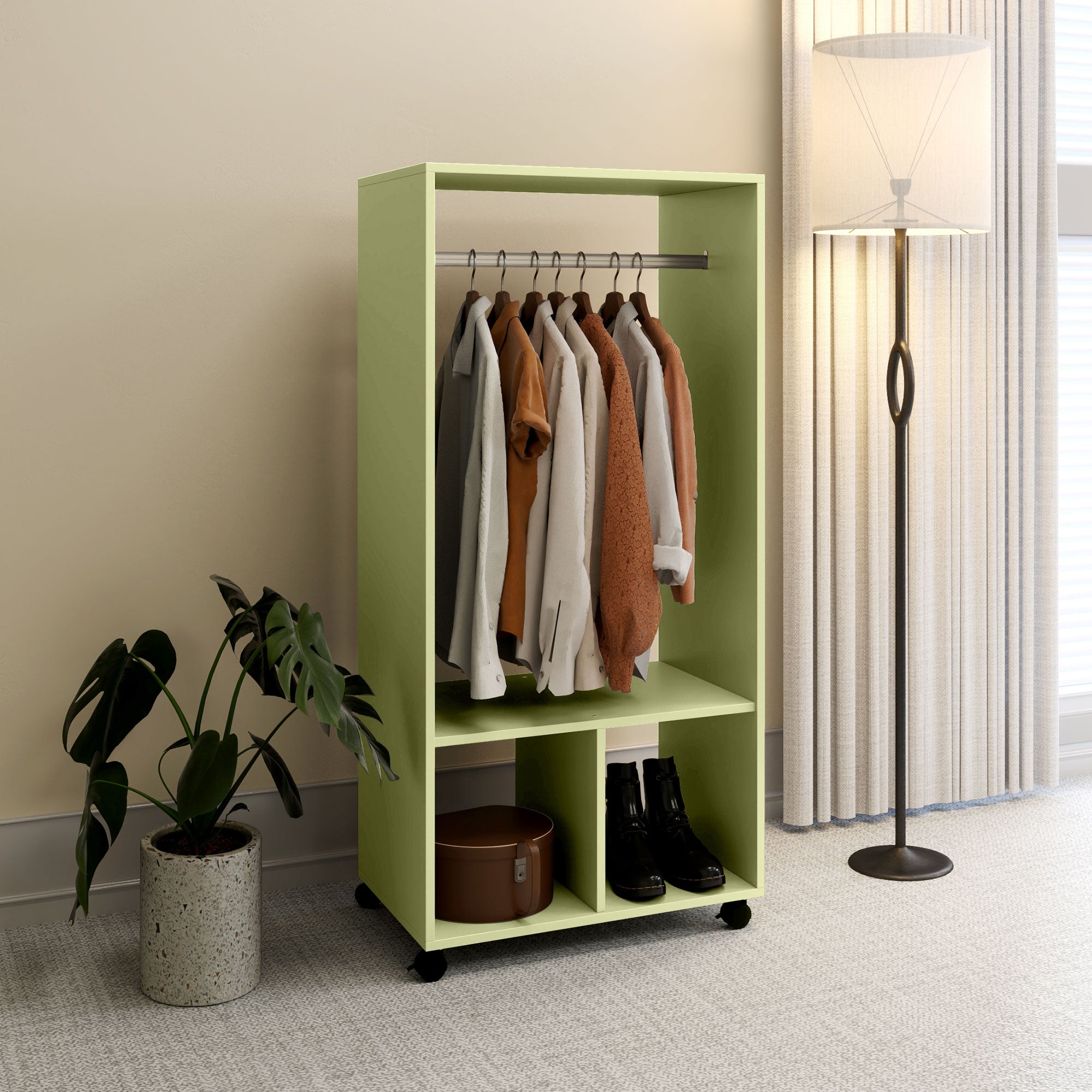 HOMCOM Open Wardrobe on Wheels, Bedroom Wardrobe with Clothes Hanging Rail, 2 Storage Shelves, Mobile Garment Rack for Cloakroom, Hallway, Green - North Peak Garden Furniture