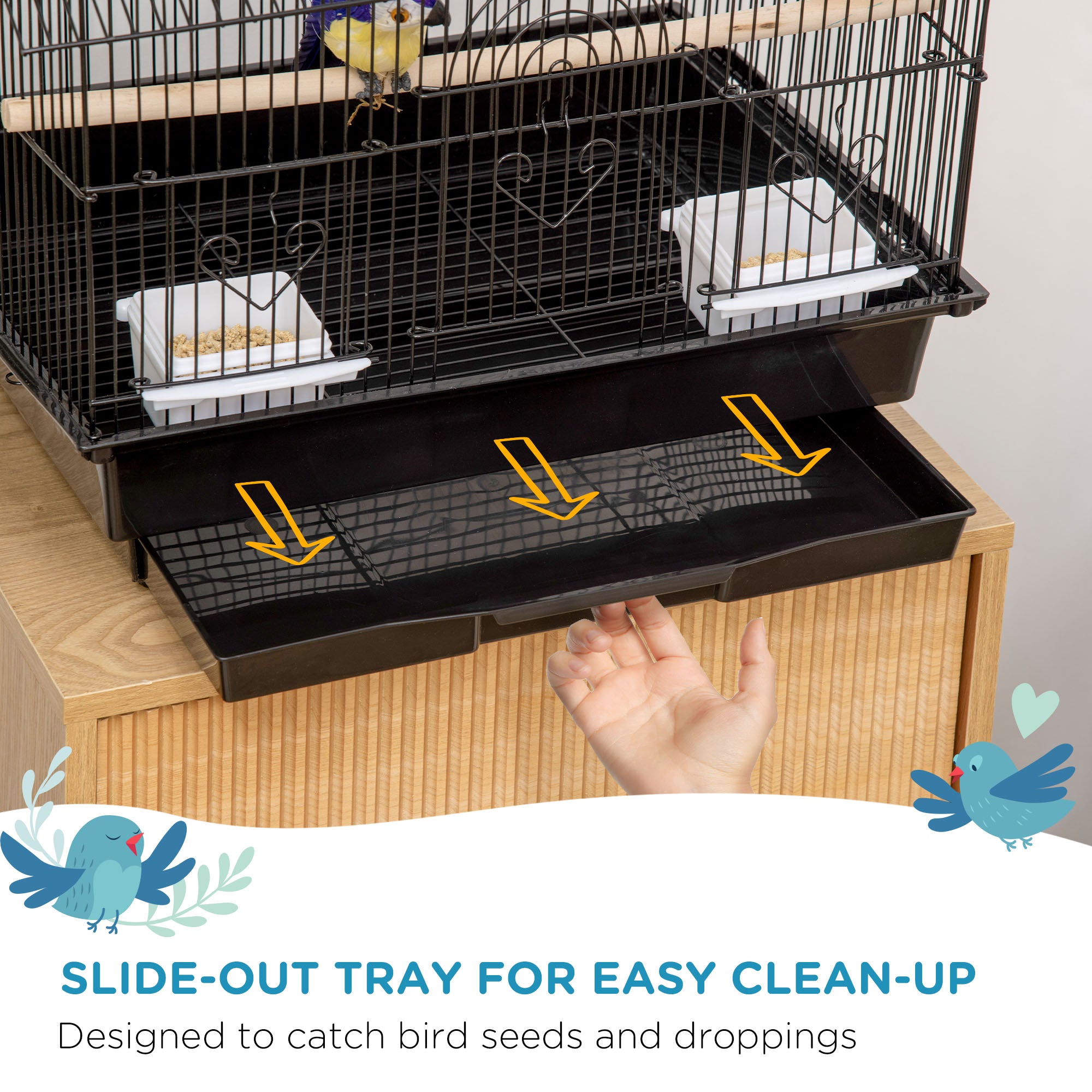 PawHut Metal Bird Cage with Plastic Swing Perch Food Container Tray Handle for Finch Canary Budgie 50.5 x 40 x 63cm Black