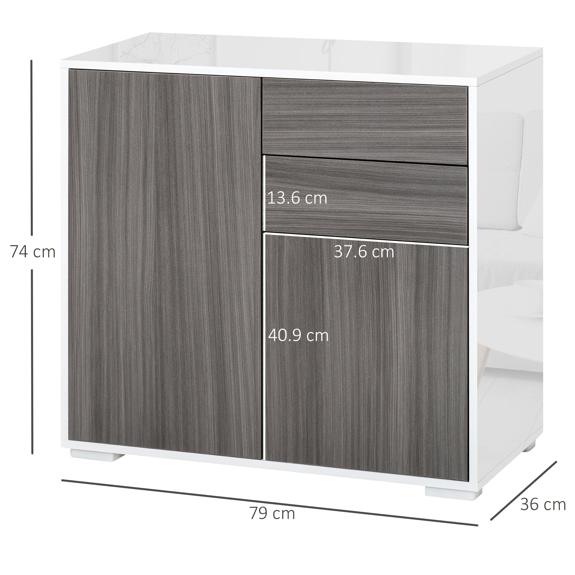 HOMCOM High Gloss Frame Sideboard, Side Cabinet, Push-Open Design with 2 Drawer for Living Room, Bedroom, Grey - North Peak Garden Furniture