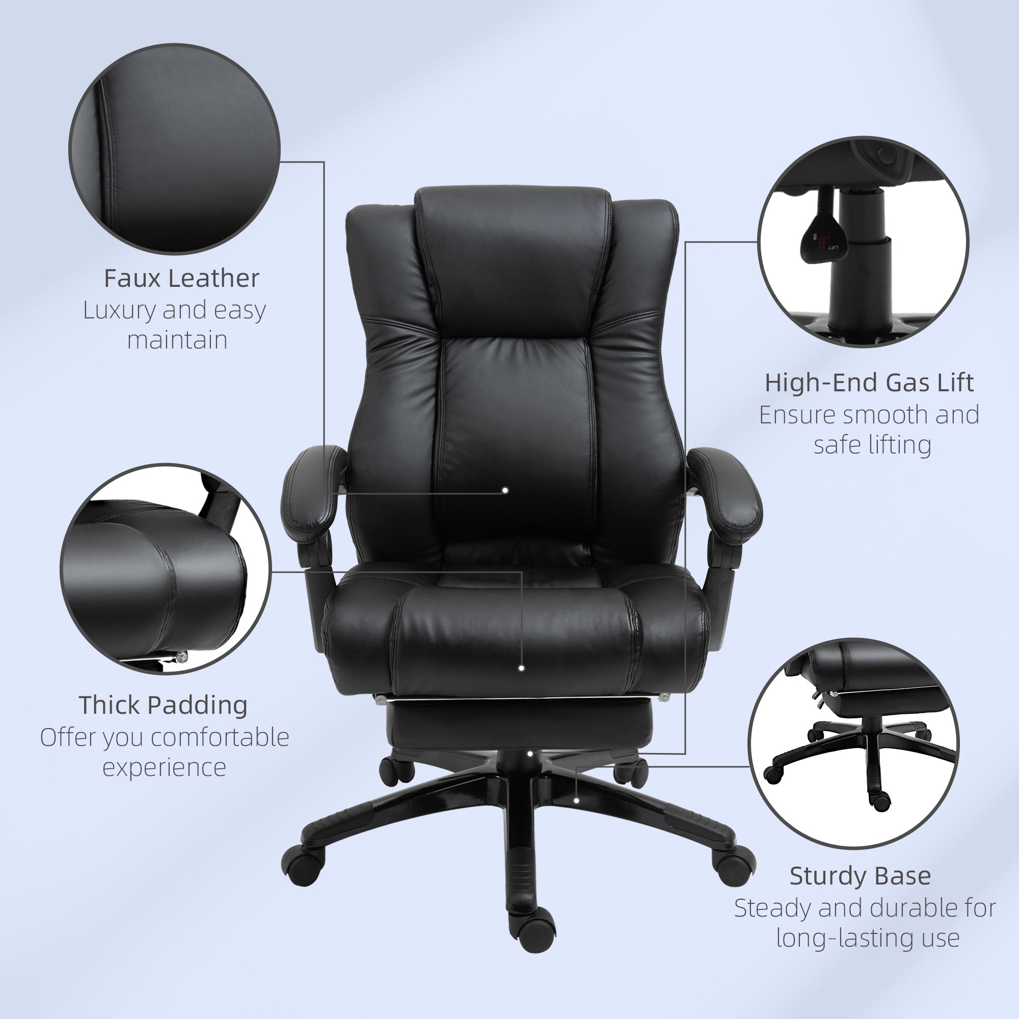Vinsetto Executive Office Chair for Home, PU Leather Computer Chair, Swivel Desk Chair with Footrest, Wheels, Adjustable Height, Black - North Peak Garden Furniture