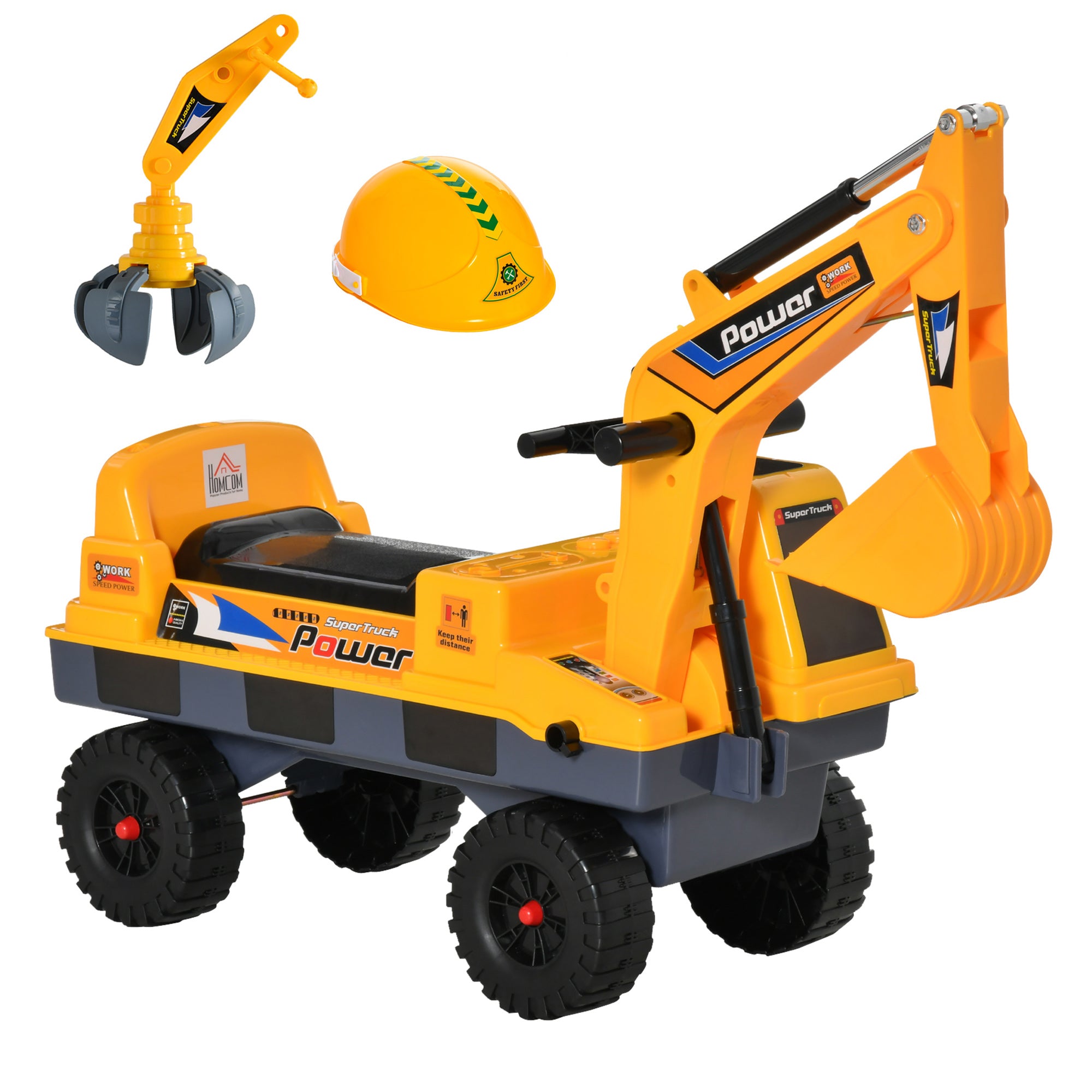 HOMCOM 2 in 1 Ride on Excavator Digger No Power Detachable Digging Bucket and Grab Bucket Music Light for 2-3 Years Old - North Peak Garden Furniture