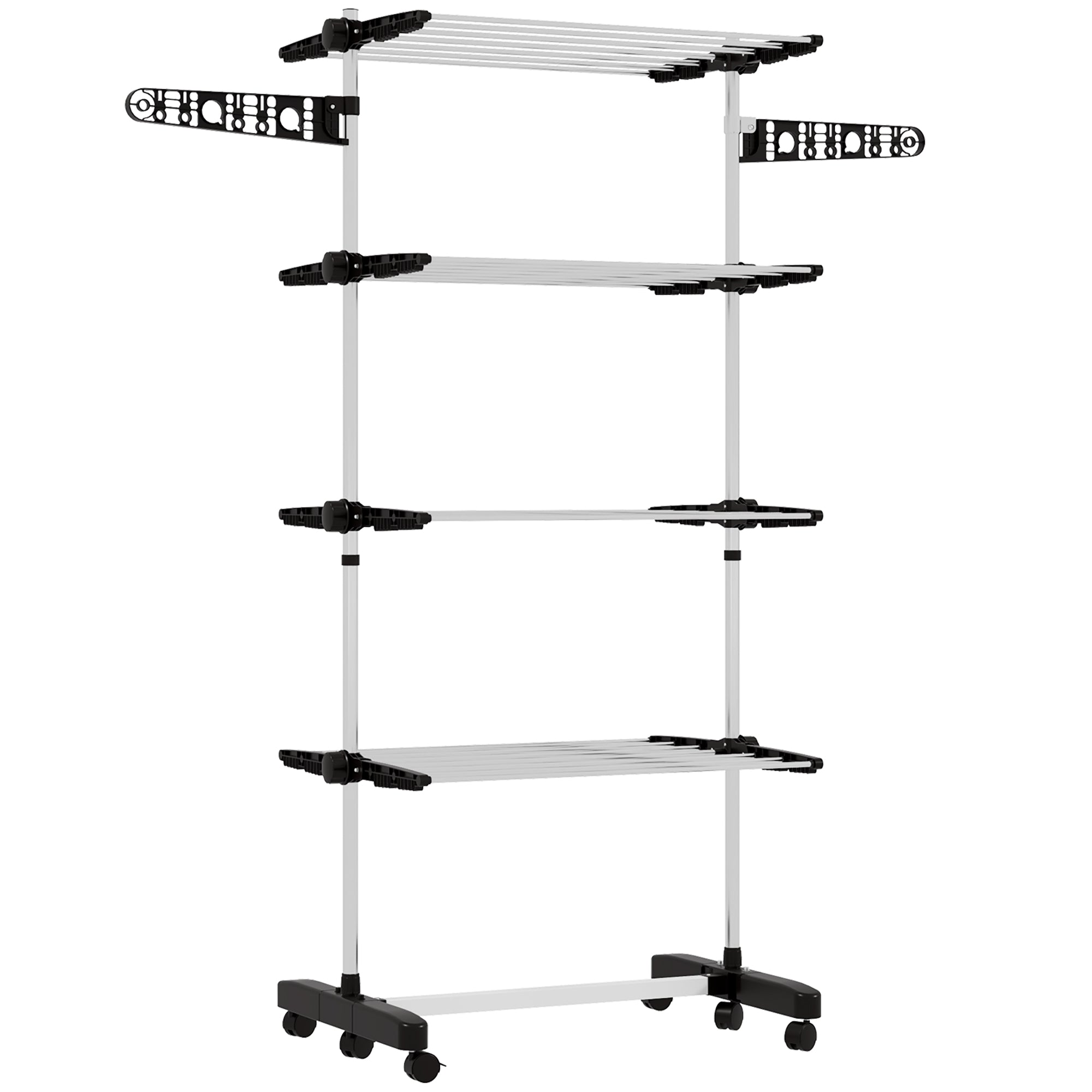 HOMCOM Four-Shelf Collapsing Clothes Horse, With Side Arms and Wheels - Black - North Peak Garden Furniture