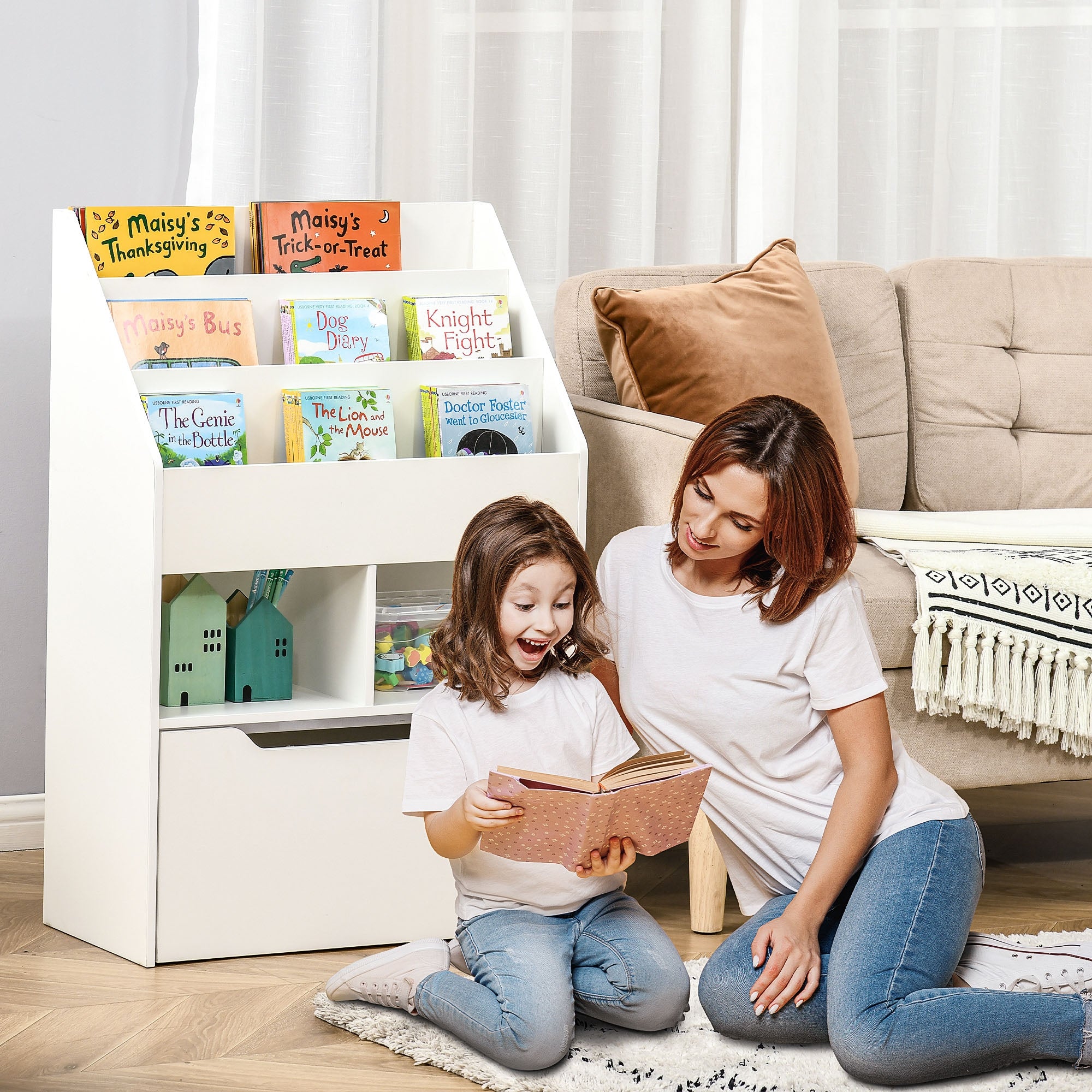 HOMCOM Kids Bookshelf, Toy Organiser, with Storage Drawer, Wheels - White