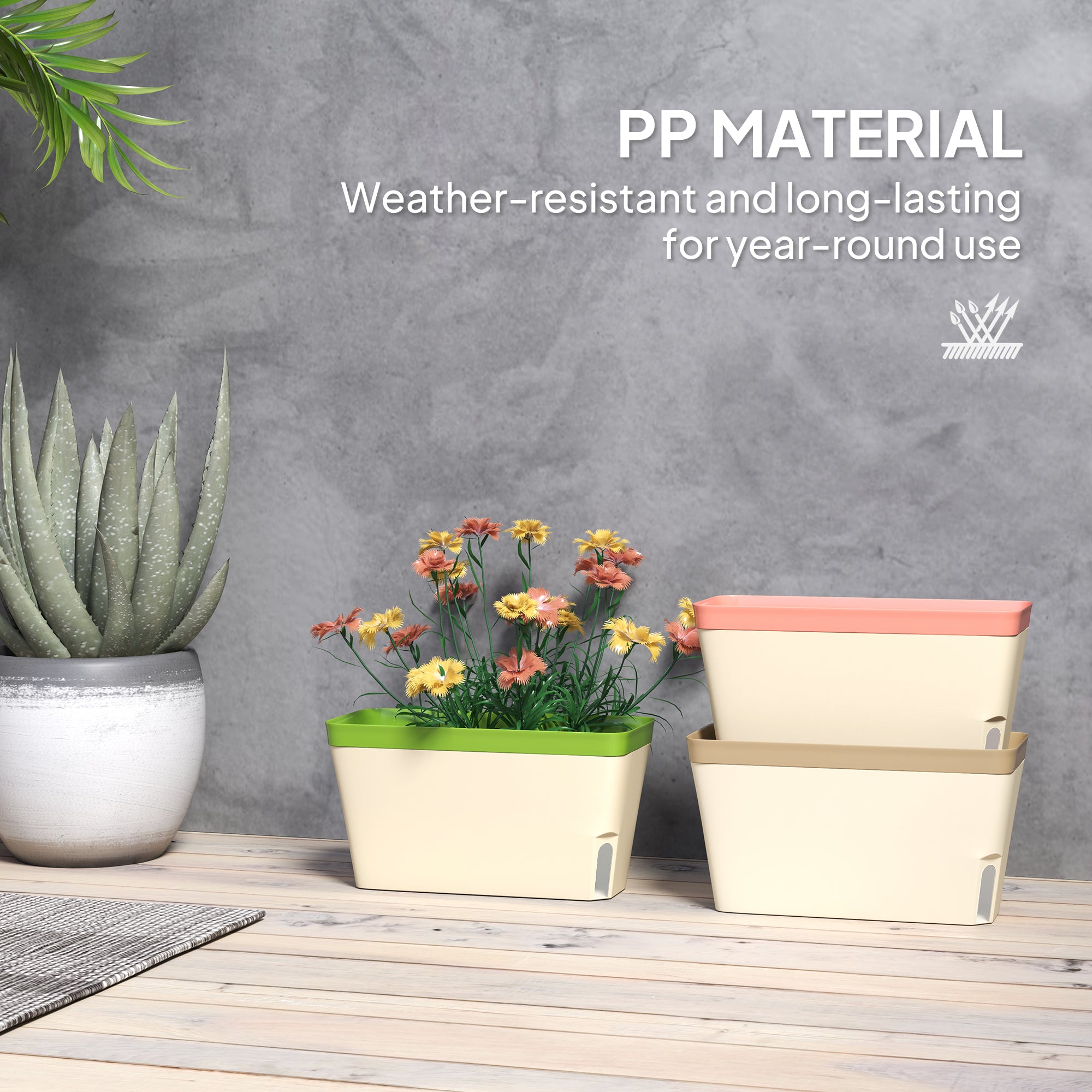 Outsunny Set of 3 Self Watering Plant Pots Outdoor, 27cm Rectangular Garden Planters with Visual Water Level Window, Plastic Flower Pots for Indoor Outdoor Garden Balcony Windowsil - North Peak Garden Furniture