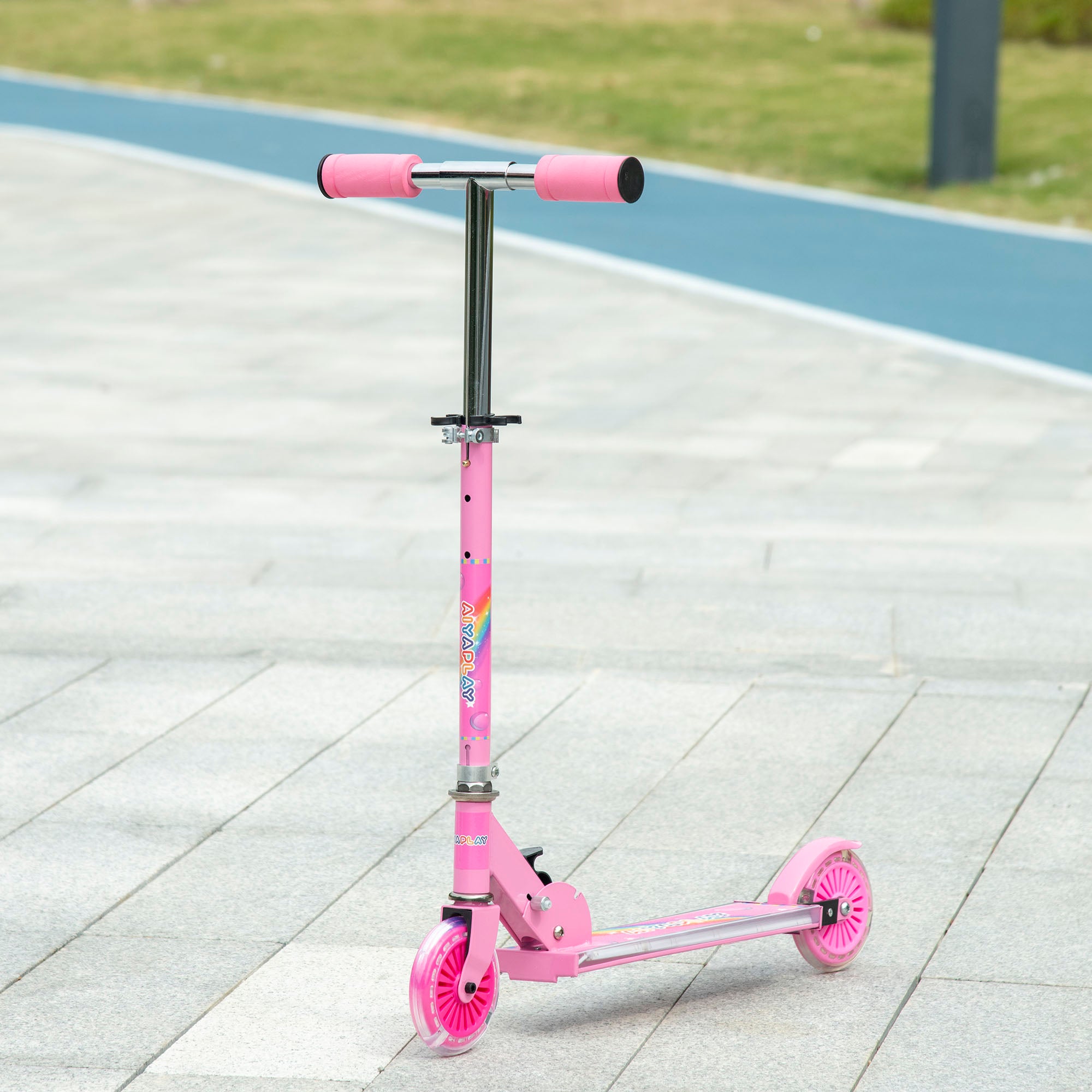 HOMCOM Kids Scooter, with Lights, Music, Adjustable Height, Foldable Frame, for Ages 3-7 Years - Pink