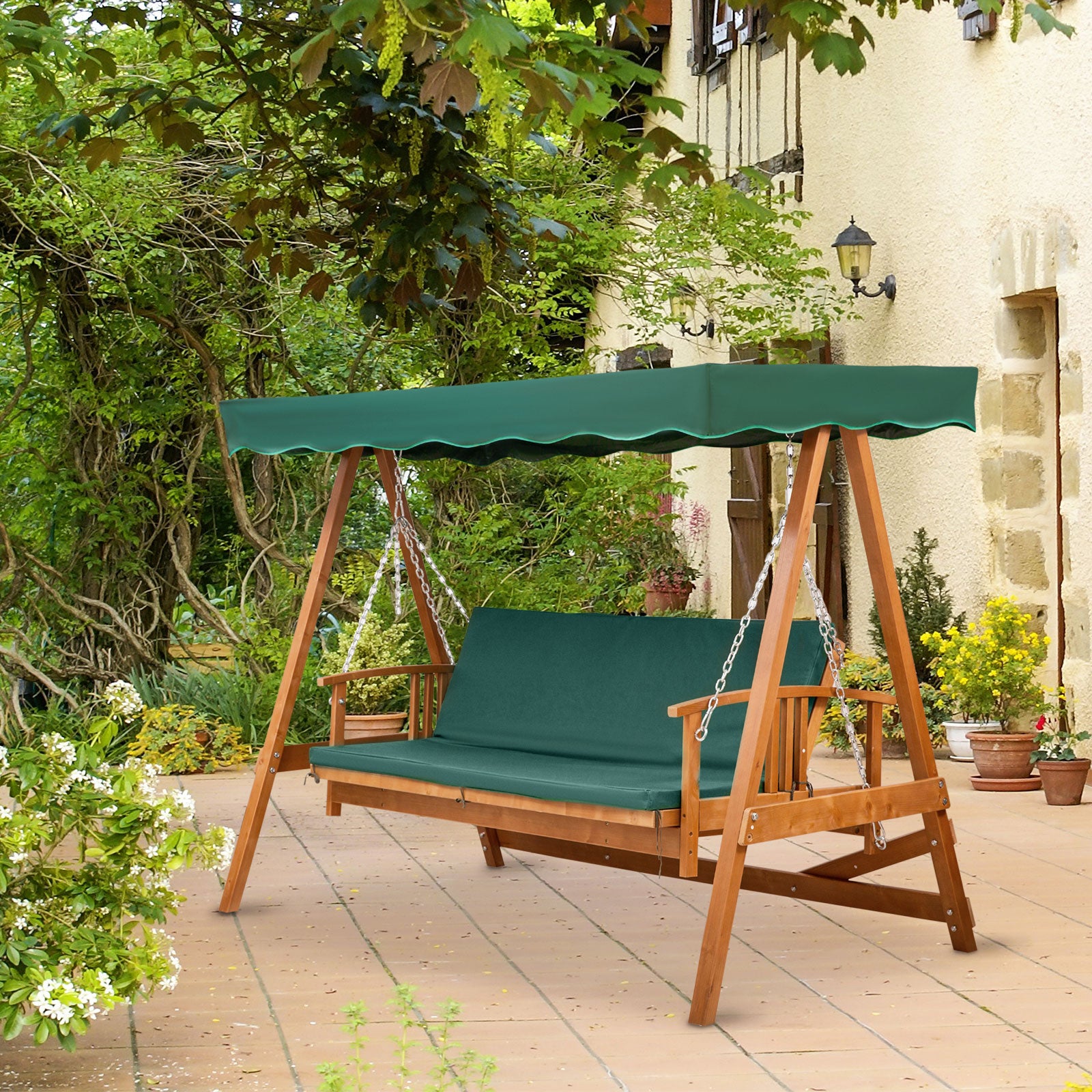 Outsunny Wooden Garden 3-Seater Outdoor Swing Chair