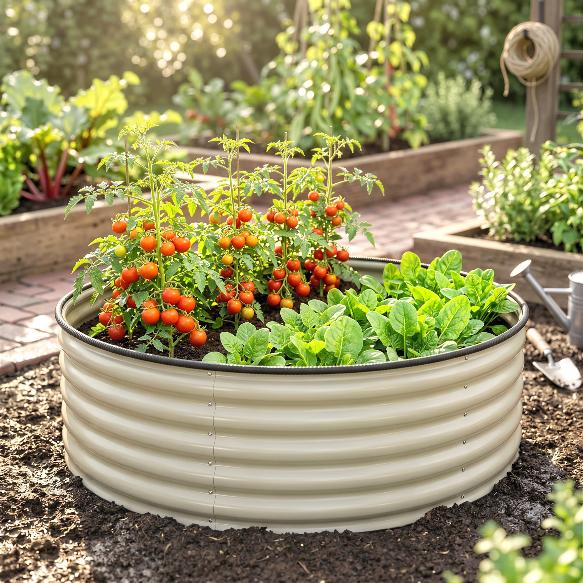 Outsunny Galvanised Raised Garden Bed with Safety Edging, Outdoor Raised Planter Box with Gloves, 120 x 120 x 43cm, Cream White