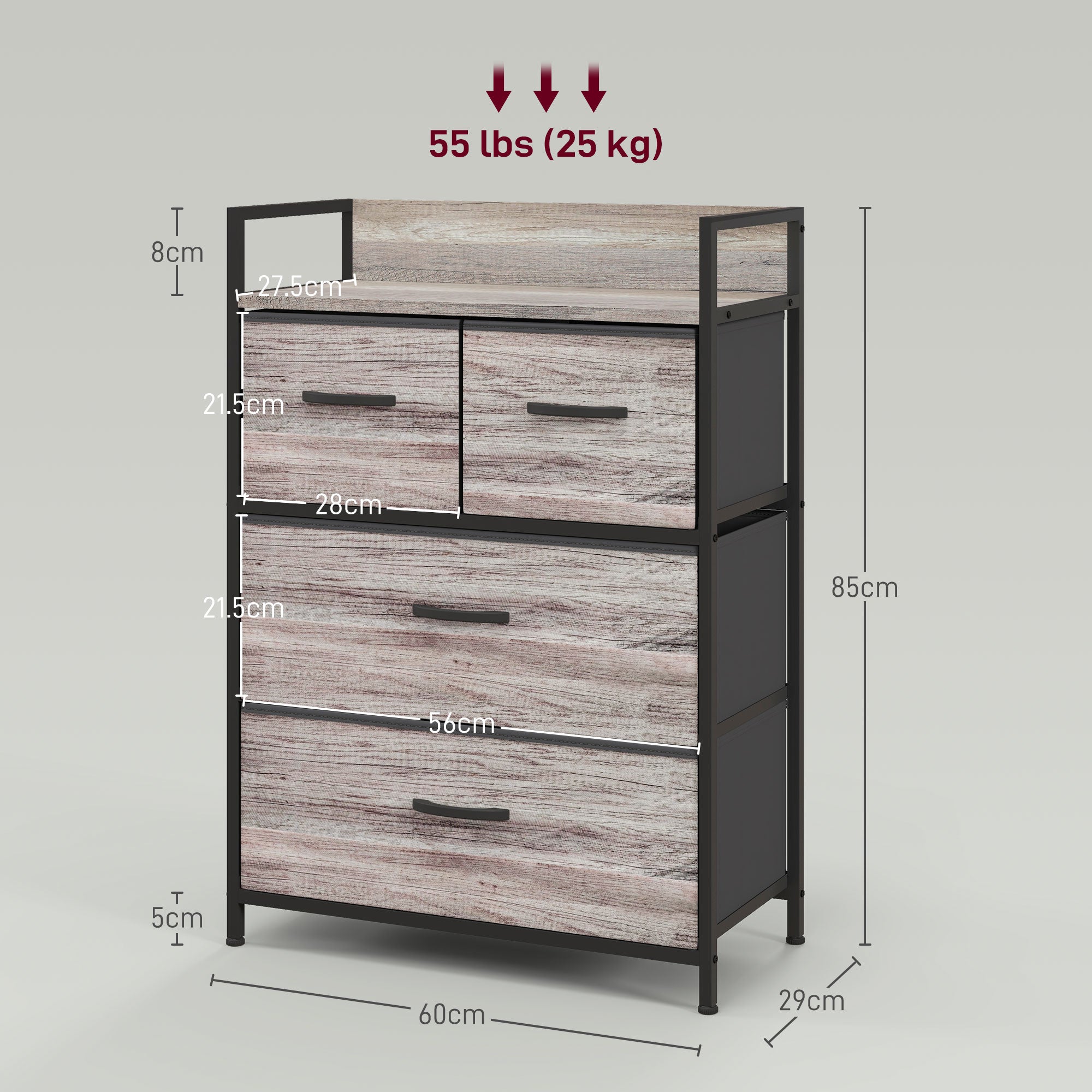 HOMCOM Rustic Chest of Four Fabric Drawers - Grey Wood Effect - North Peak Garden Furniture