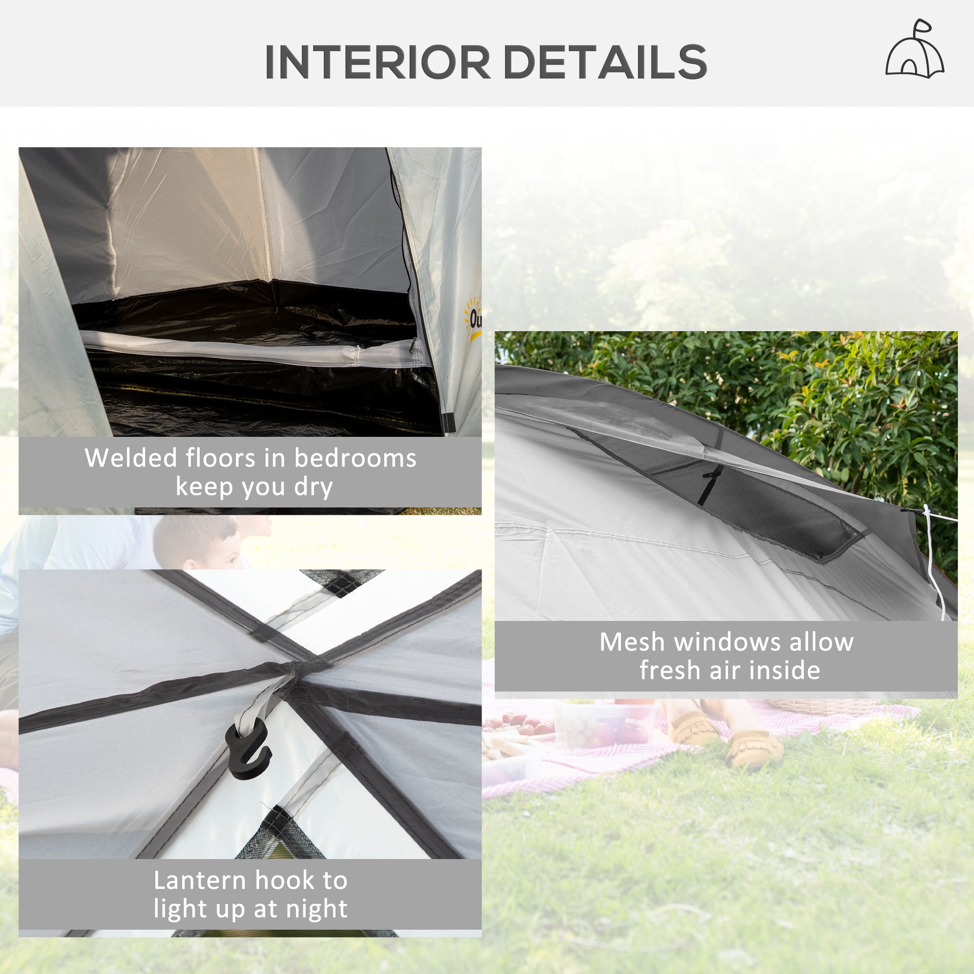 Outsunny Four-Man Tunnel Tent, with Two Bedrooms and Living Room - Grey/Yellow - North Peak Garden Furniture