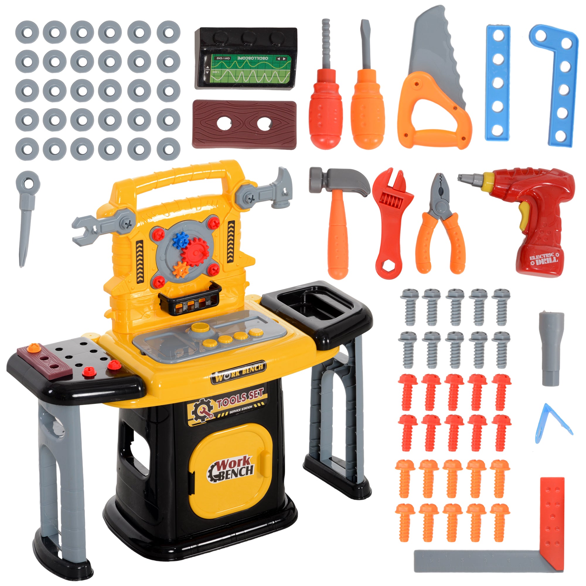 AIYAPLAY 102-Piece Kids Tool Bench with Electric Drill, Storage for Ages 3-6 Years, Yellow - North Peak Garden Furniture