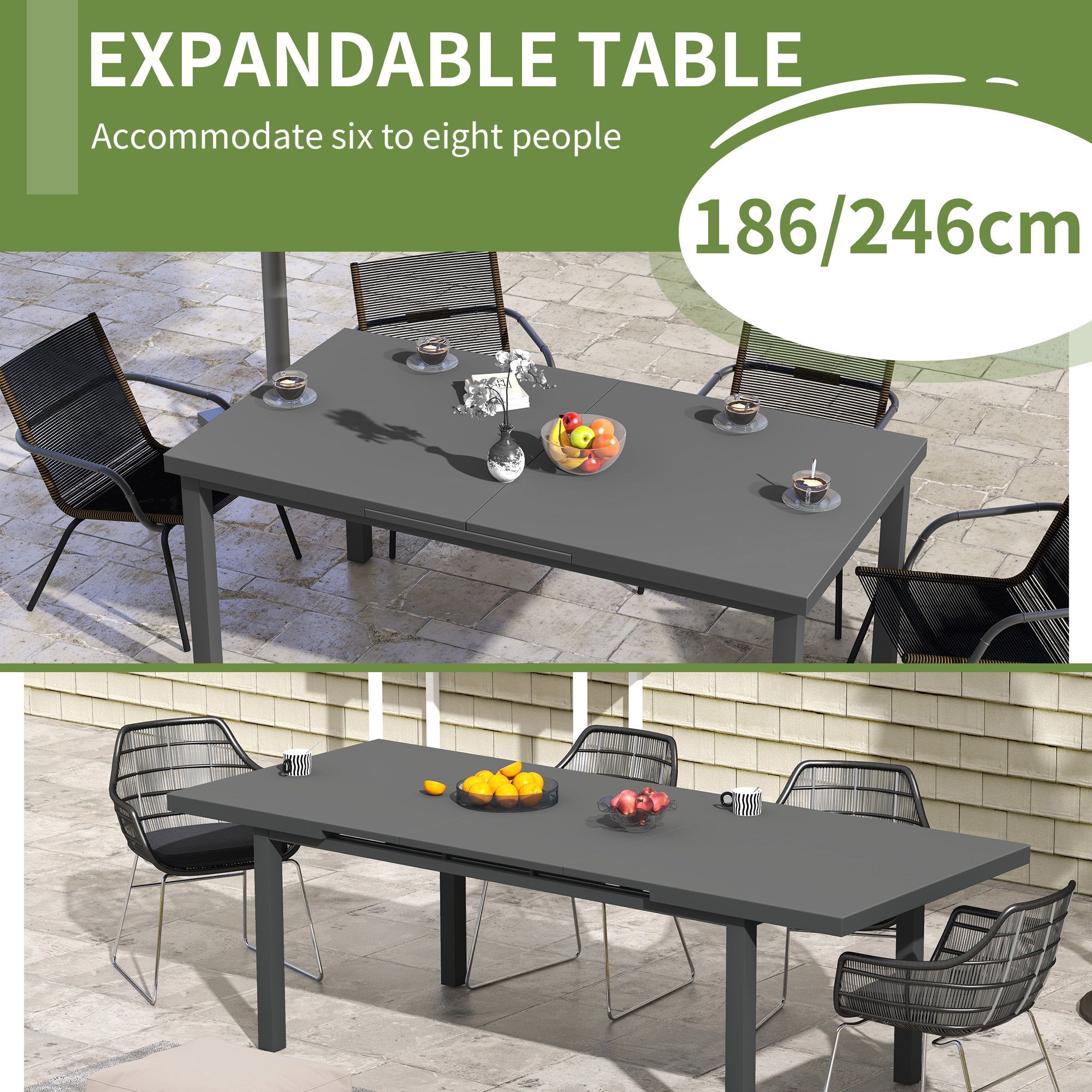 Outsunny Aluminium Garden Table for 6-8, Extending Outdoor Dining Table Rectangle for Lawn Balcony - Charcoal Grey - North Peak Garden Furniture