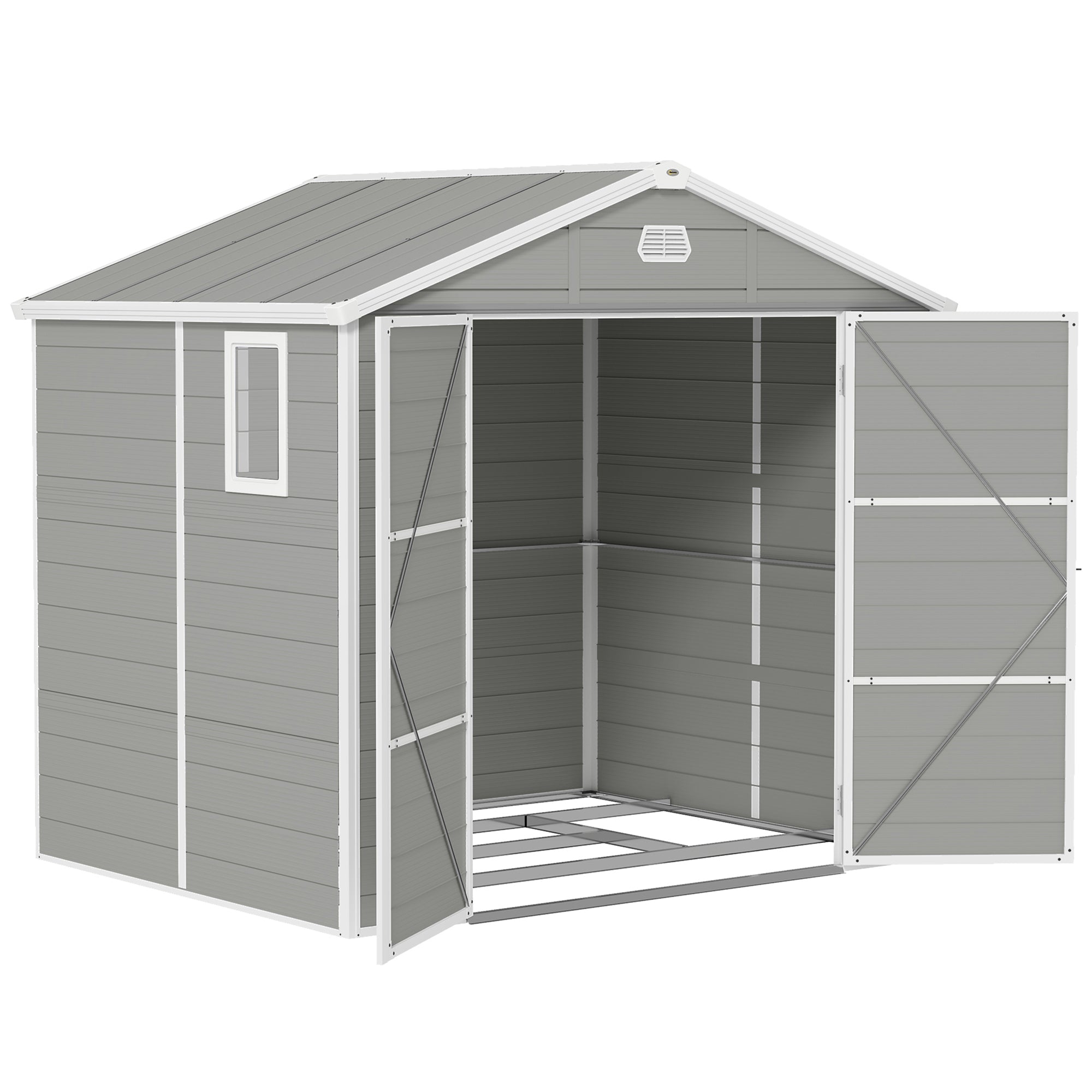 Outsunny 7.9ft x 6.2ft Aluminium Frame and Plastic Wall Shed, with Foundation - Light Grey - North Peak Garden Furniture