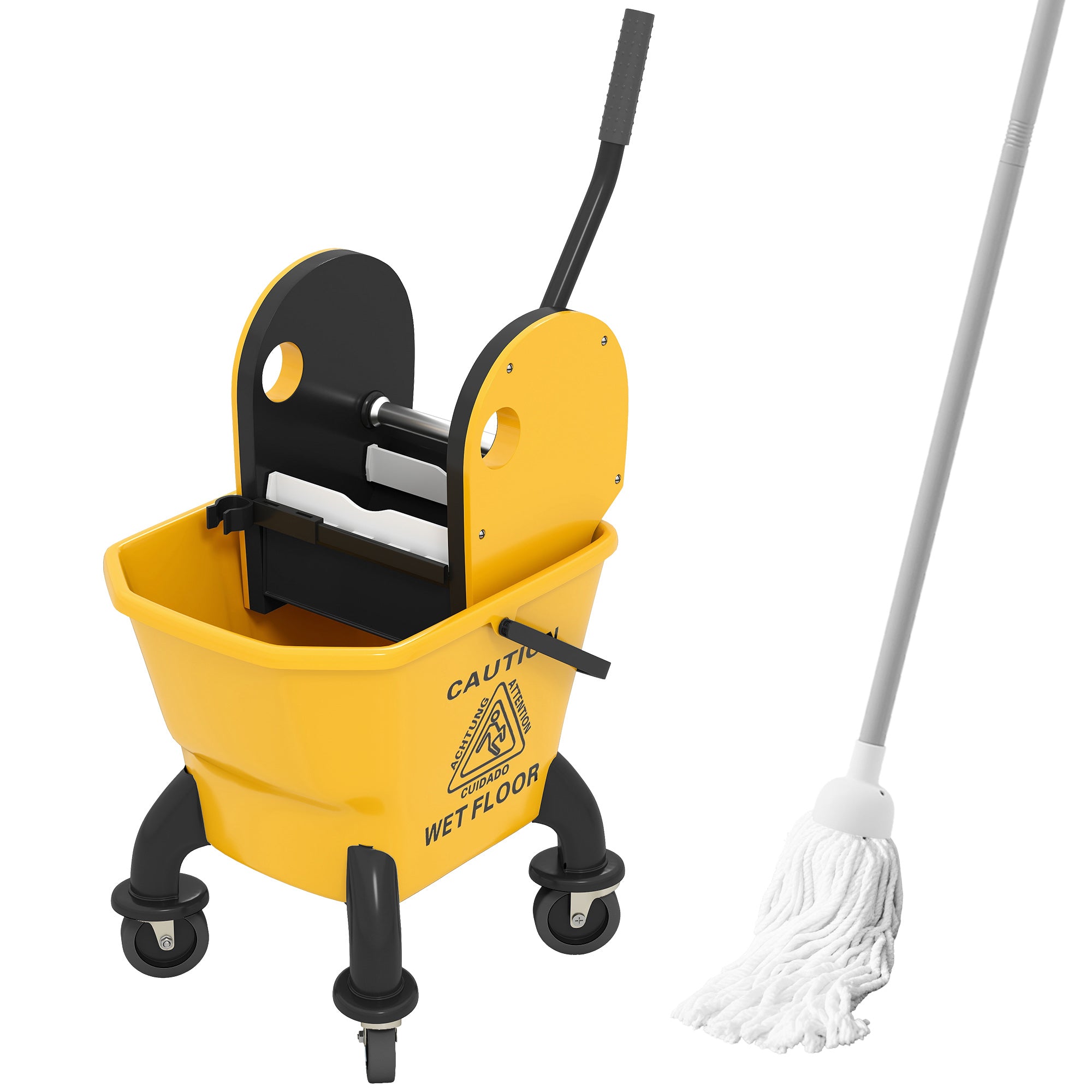 HOMCOM 26 Litre Mop Bucket, with Wringer and Mop - Yellow - North Peak Garden Furniture