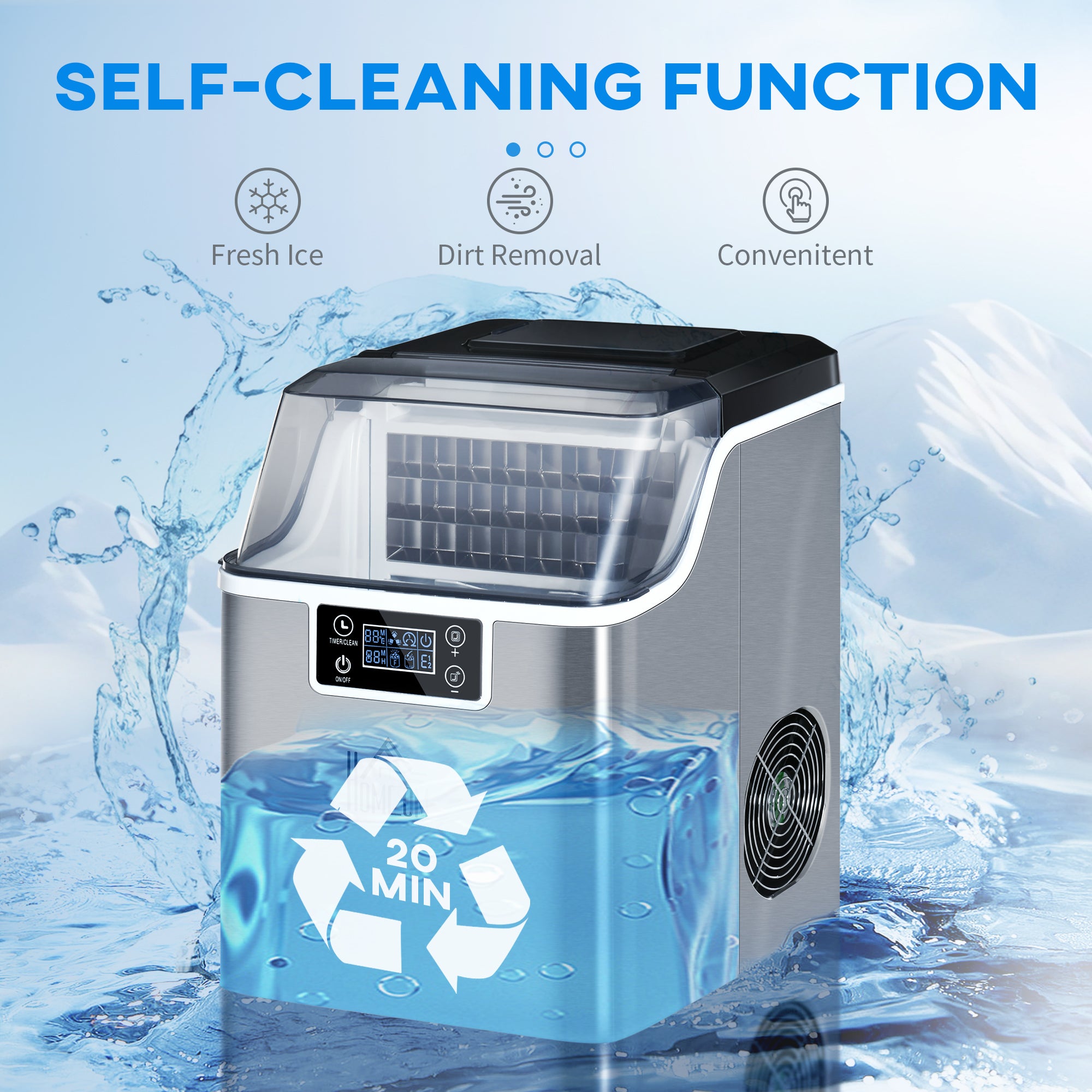 HOMCOM 3.2L Compact Ice Machine, with LCD Screen and Accessories - Silver-Tone - North Peak Garden Furniture