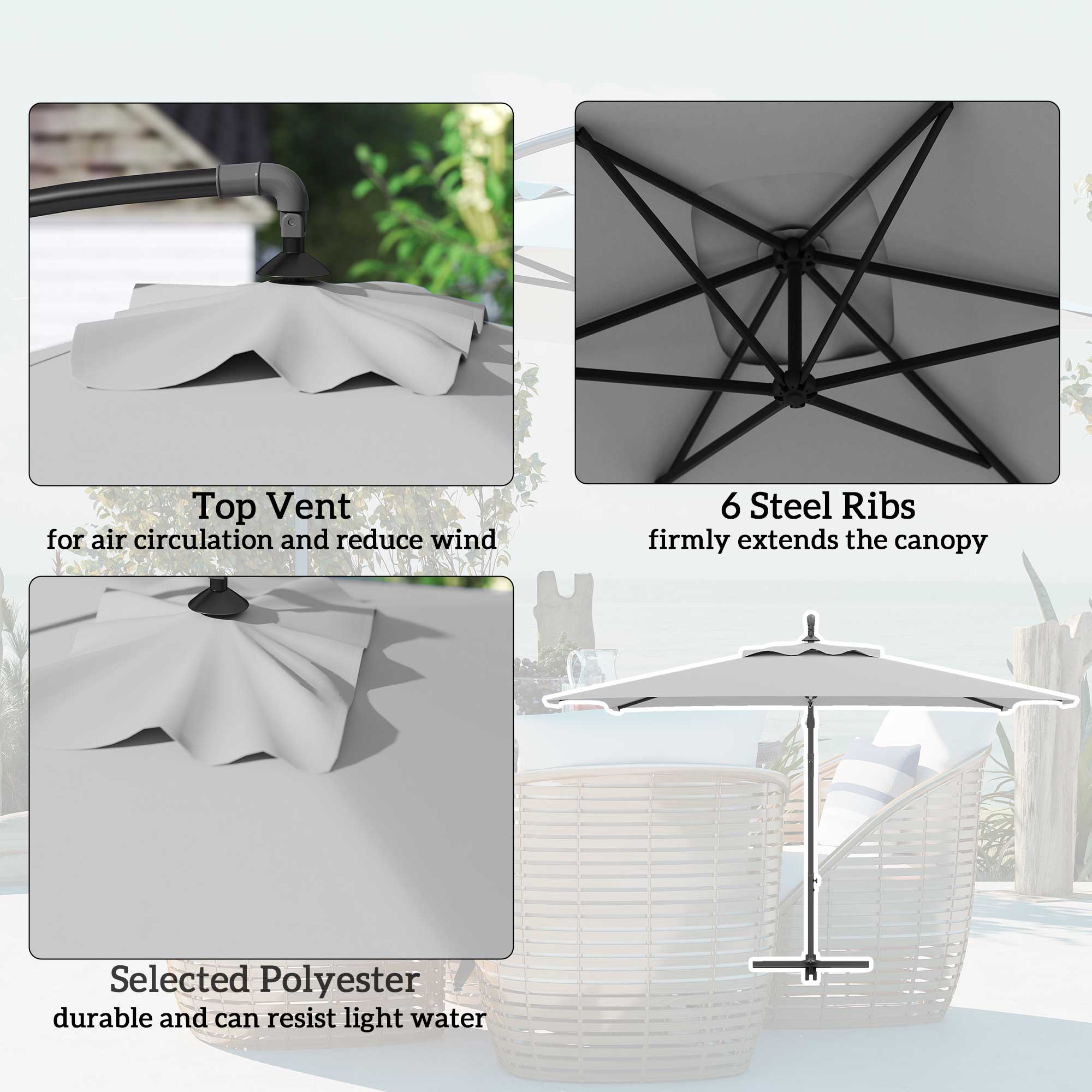 Outsunny 3(m) Cantilever Overhanging Parasol, with Cross Base - Light Grey - North Peak Garden Furniture