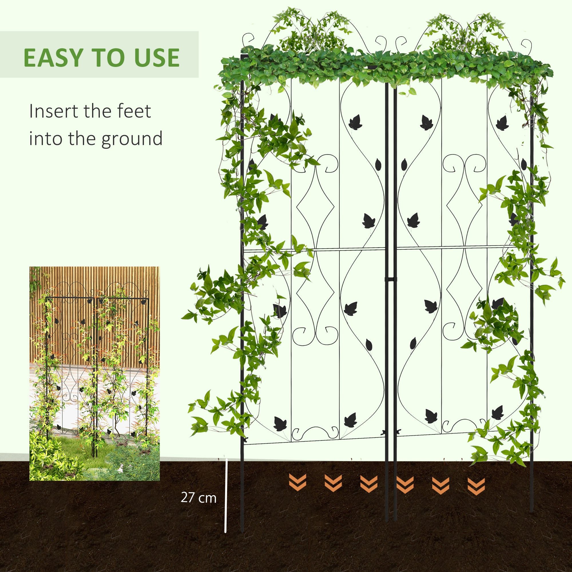 Outsunny Metal Trellis Set of 2, Garden Trellis for Climbing Plants Support Frames, Leaf Design - North Peak Garden Furniture