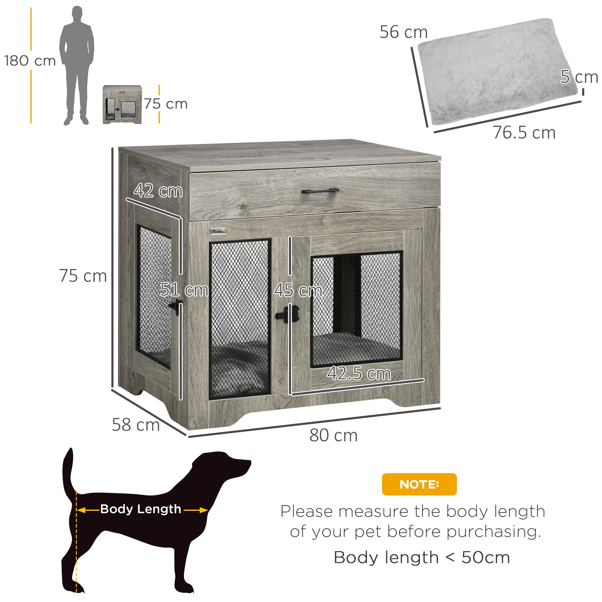 PawHut Dog Cage End Table with Two Doors, Drawer, for Medium Dogs - Grey - North Peak Garden Furniture