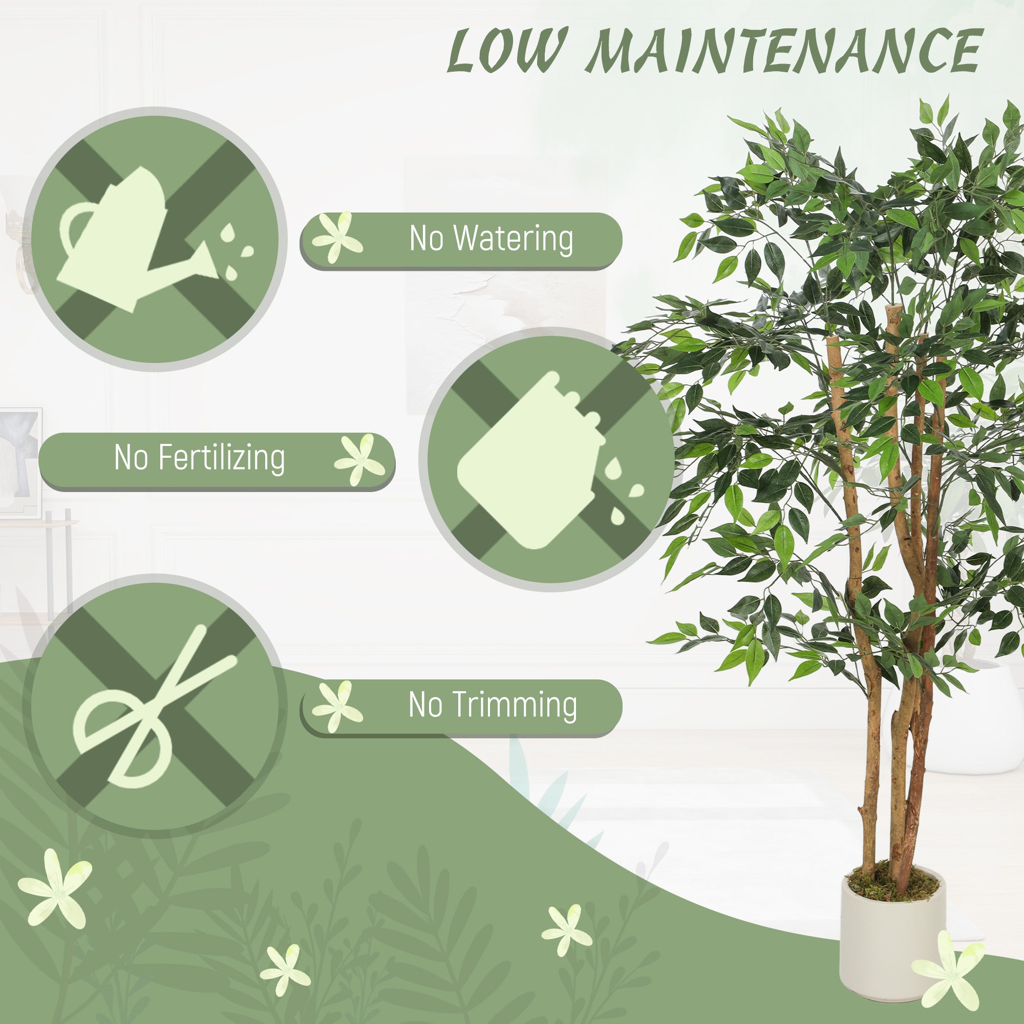 HOMCOM 150cm Artificial Ficus Tree, Fake Potted Tree with Solid Wood Trunk and Pot for Indoor, Green