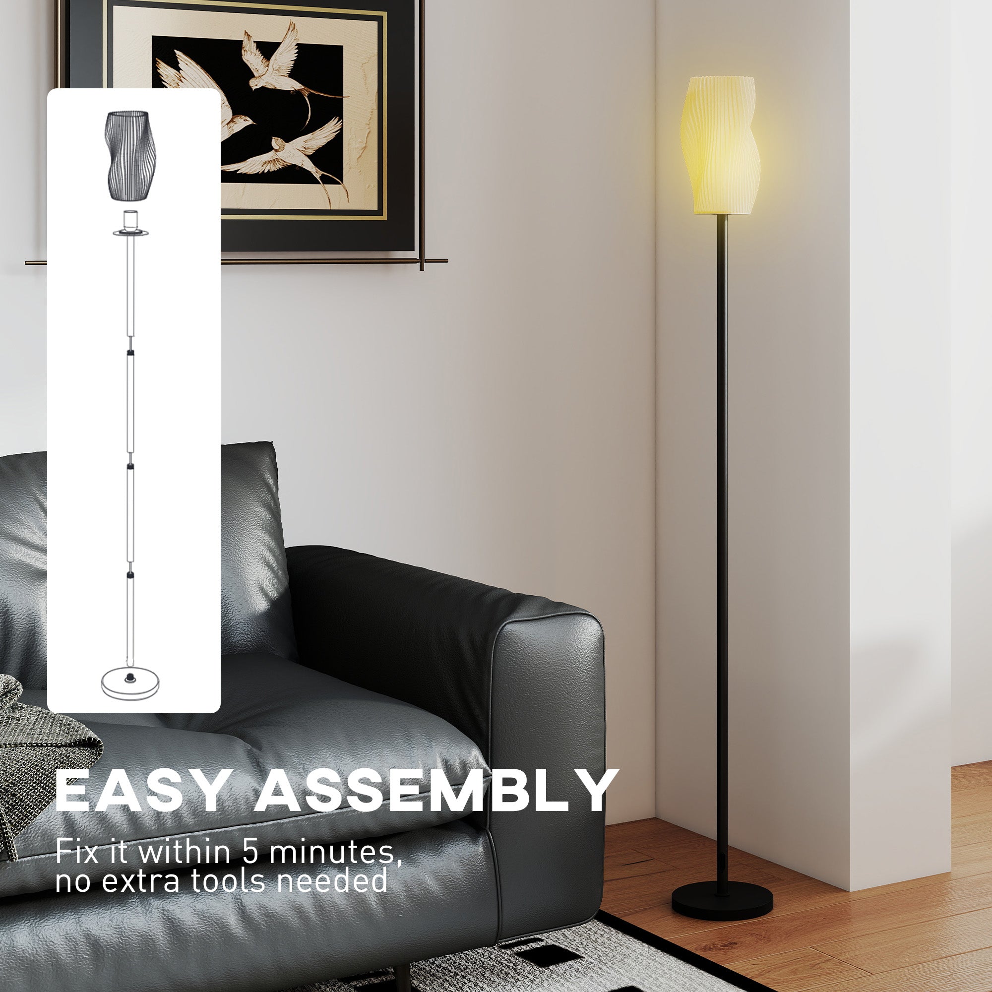 HOMCOM Floor Lamp for Living Room, 3D Printed Modern Standing Lamp with Flowing Curved Shade, 3 Colour Temperature & Foot Switch, Minimalist Tall Pole Lampshade for Bedroom, Office, White