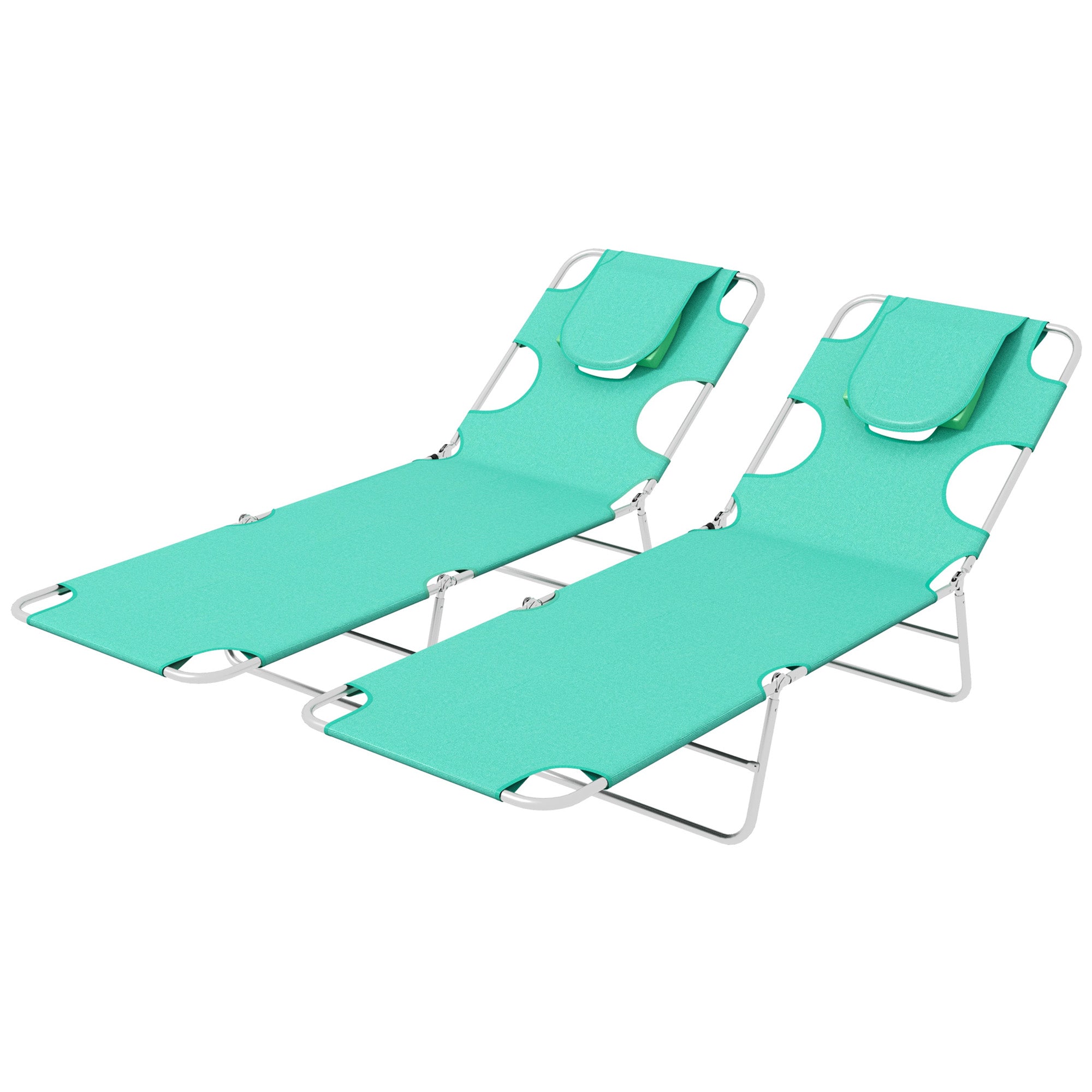 Outsunny Foldable Sun Lounger Set of 2 with Reading Hole, Portable Sun Lounger with 5 Level Adjustable Backrest, Reclining Lounge Chair with Side Pocket, Headrest Pillow, Green - North Peak Garden Furniture