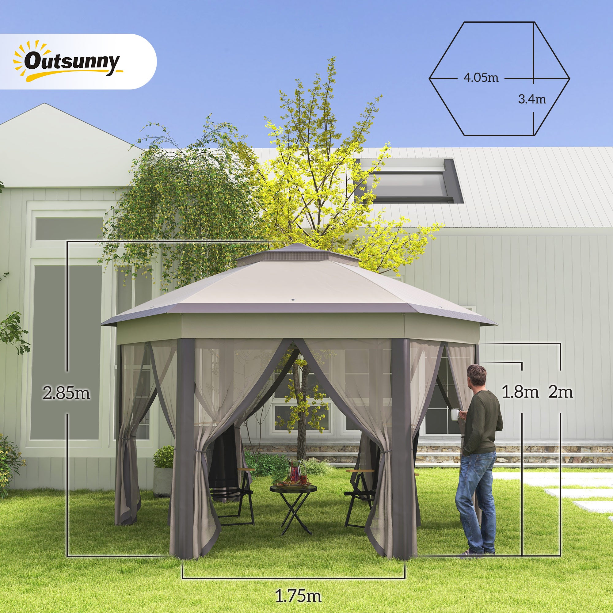 Outsunny Hexagon Garden Gazebo Pop Up Gazebo Outdoor Patio Double Roof Instant Shelter with Netting, 3 x 4m, Beige - North Peak Garden Furniture