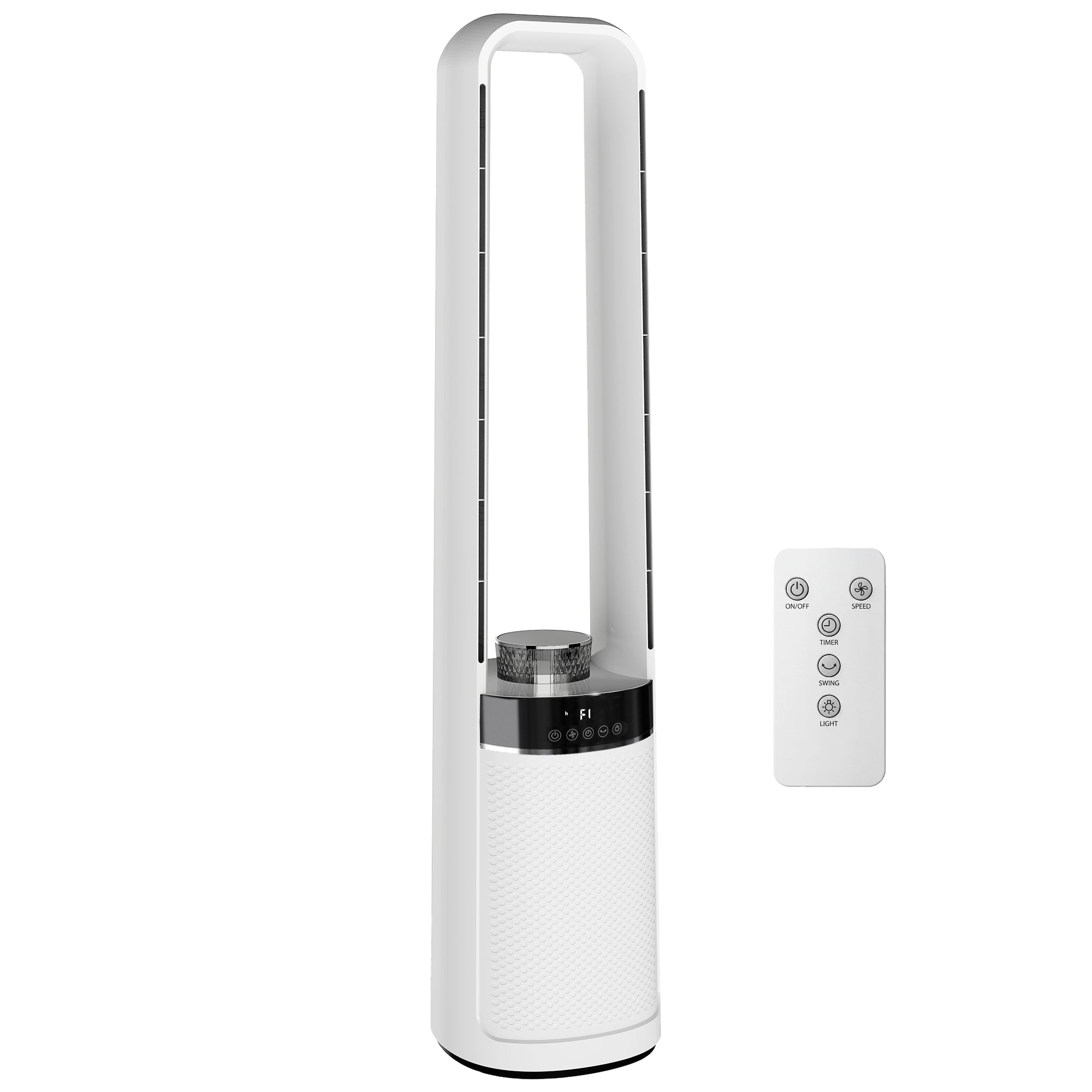 HOMCOM Bladeless Tower Fan, 36dB Standing Cooling Fan with 45° Oscillating, LED Lights, 3 Speeds, 12H Timer, Remote Control