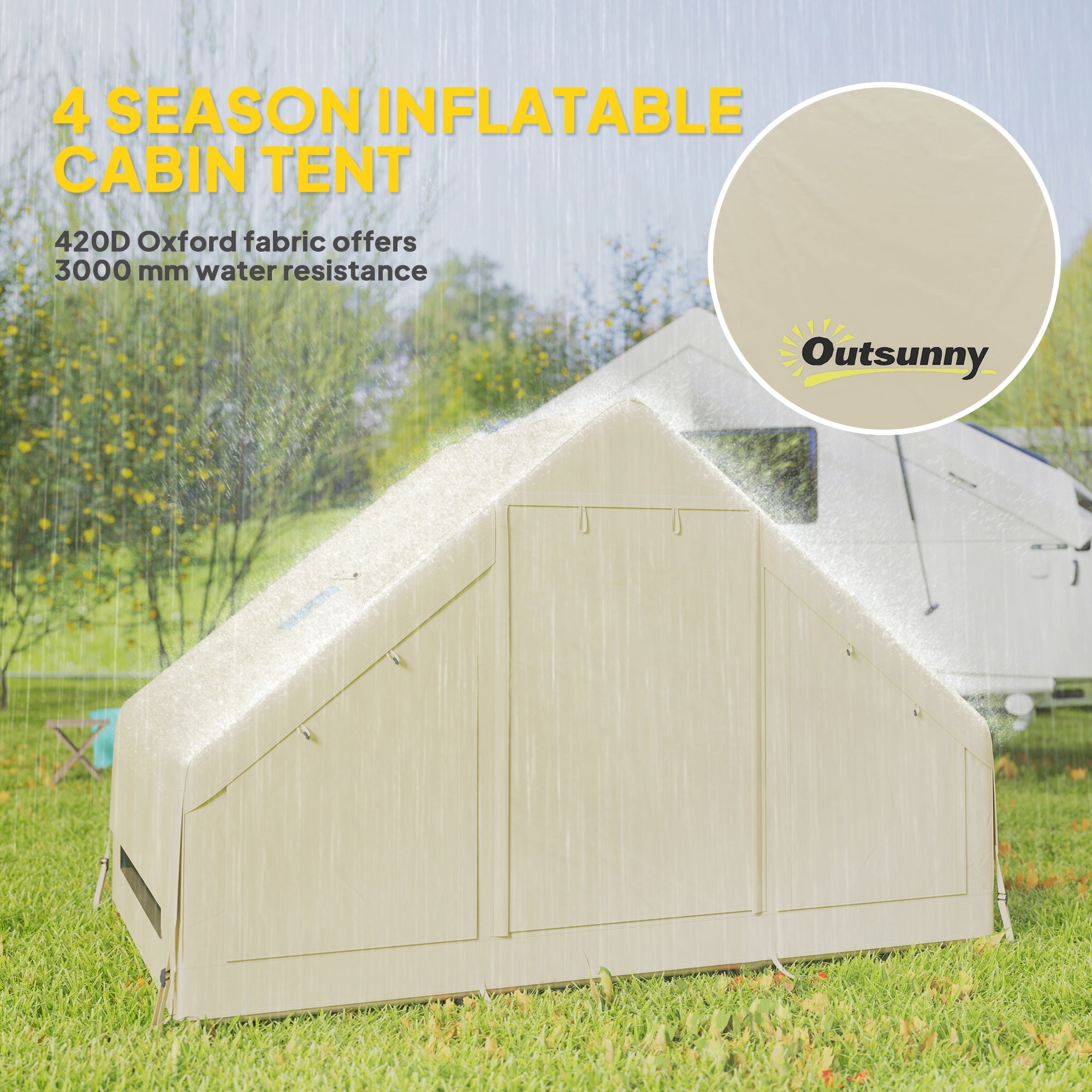 Outsunny Inflatable Camping Tent with Pump and Stove Jack Hole, Easy Setup 2-4 Person Blow Up Tent, Waterproof Luxury Inflatable Tent with Mesh Windows, Doors, Hook and Carry Bag, Beige