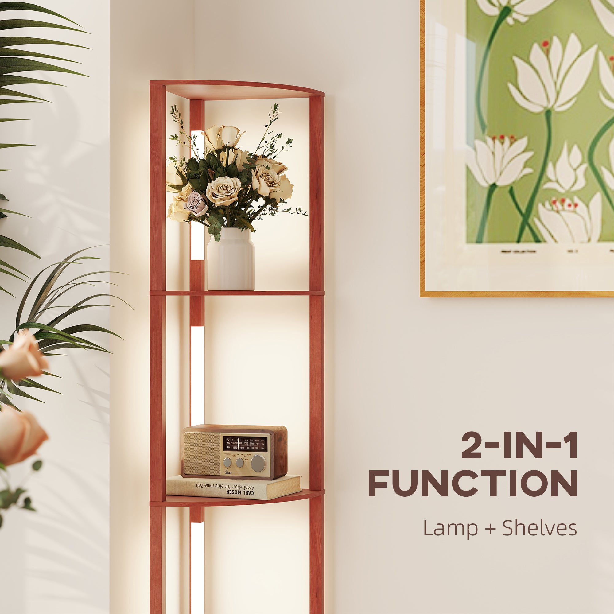 HOMCOM Corner Floor Lamp for Living Room Bedroom with Dimmable Warm White LED Light, Modern Tall Standing Lamp, Brown - North Peak Garden Furniture
