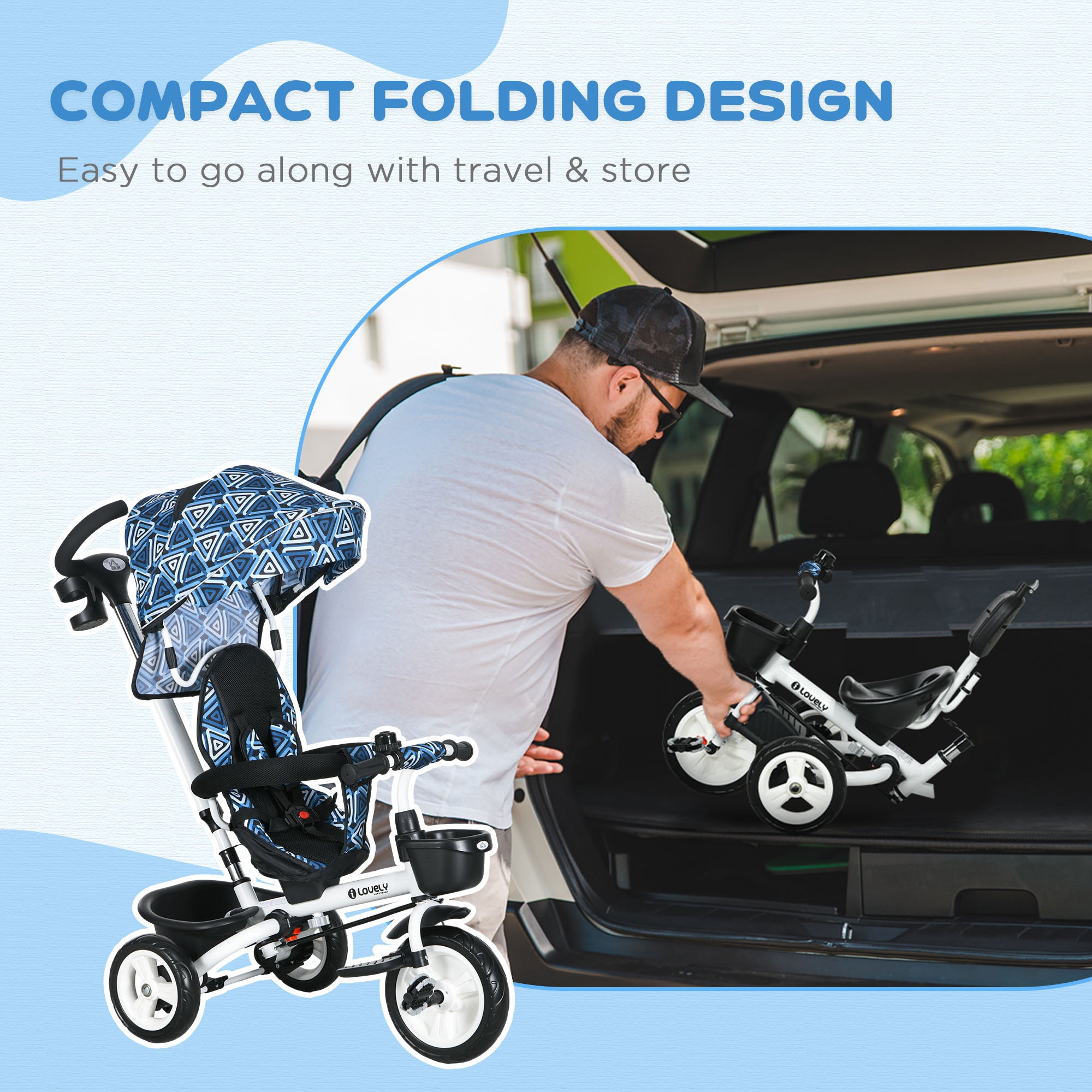 HOMCOM Metal Frame 6 in 1 Baby Push Tricycle with Parent Handle for 1-5 Years Old, Light Blue - North Peak Garden Furniture