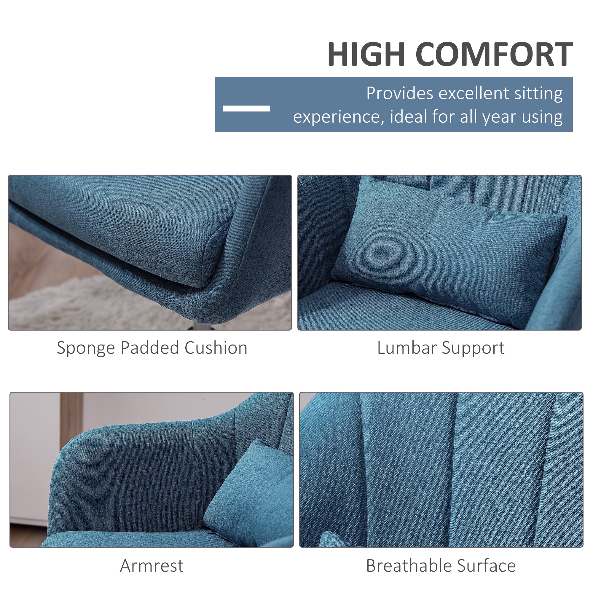HOMCOM Swivel Linen Fabric Accent Chair for Living Room Contemporary Vanity Armchair with Adjustable Height Thick Cushion Lumbar Support Armrest for Bedroom Office Blue - North Peak Garden Furniture