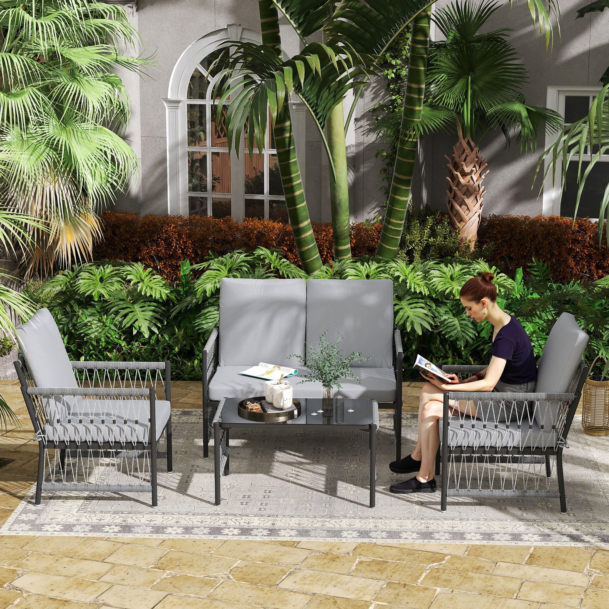 Outsunny 4 Piece Rattan Garden Furniture Set, 4 Seater Wicker Patio Conversation Set with 2 Armchairs, Loveseat, Glass Top Coffee Table and Cushions for Outdoor, Balcony, Grey - North Peak Garden Furniture