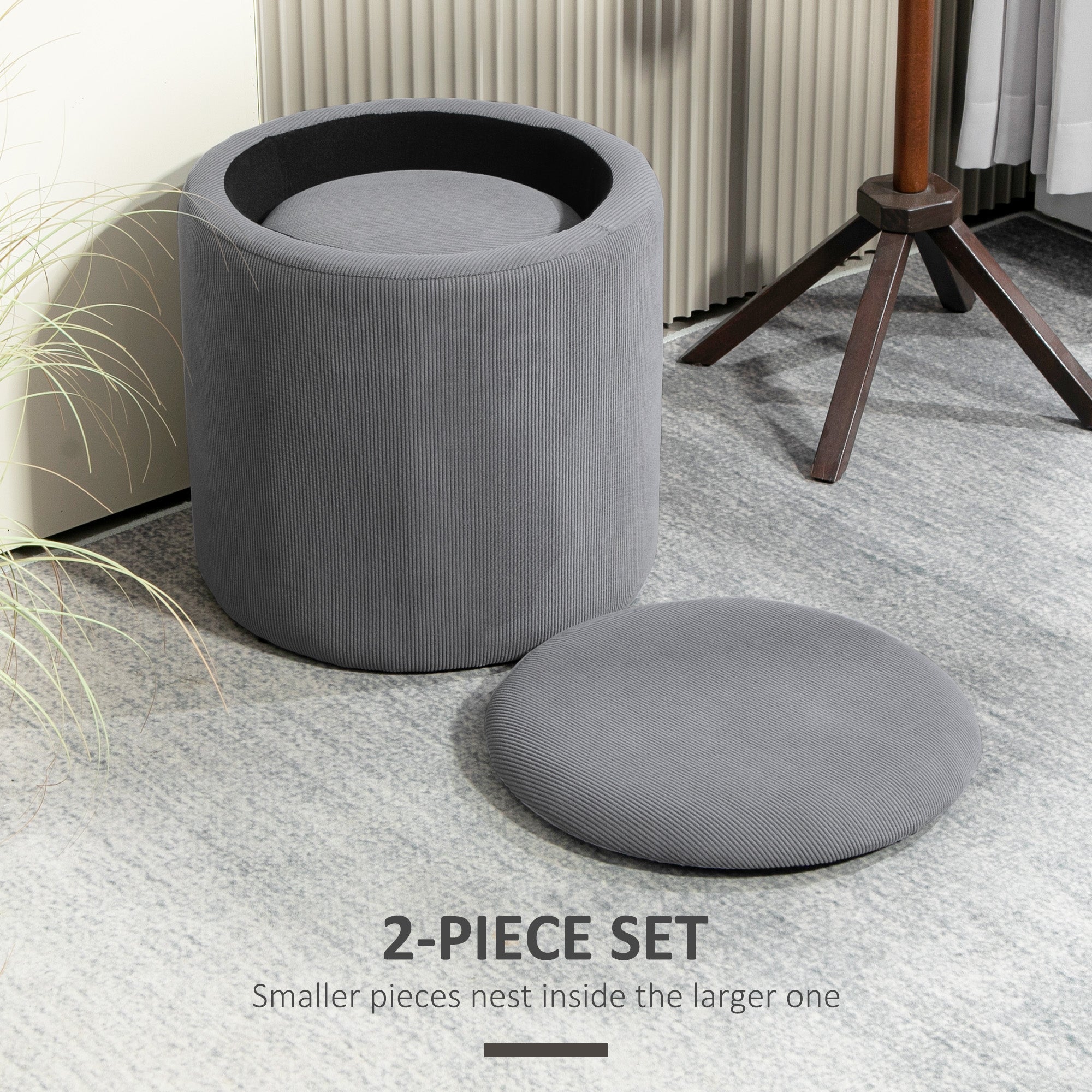 HOMCOM Set of Two Corduroy Storage Ottomans - Grey - North Peak Garden Furniture