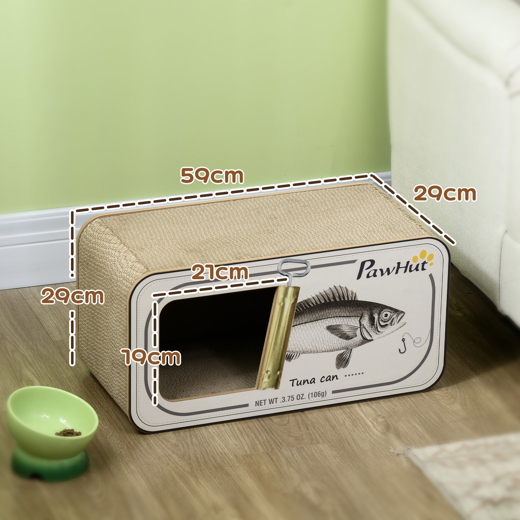 PawHut 2 in 1 Cat Scratching Board, Cardboard Cat House with Catnip, Canned Tuna Design - North Peak Garden Furniture
