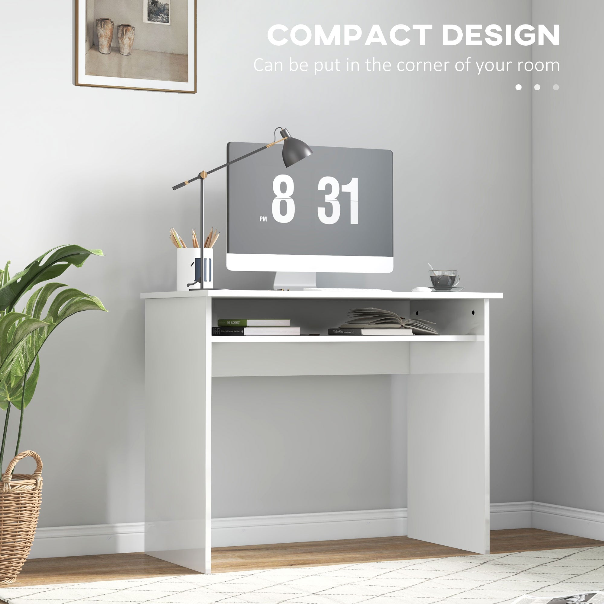 HOMCOM Modern Home Office Desk, 90 x 50cm Computer Table, Small Writing Desk with Storage Shelf, High Gloss, White