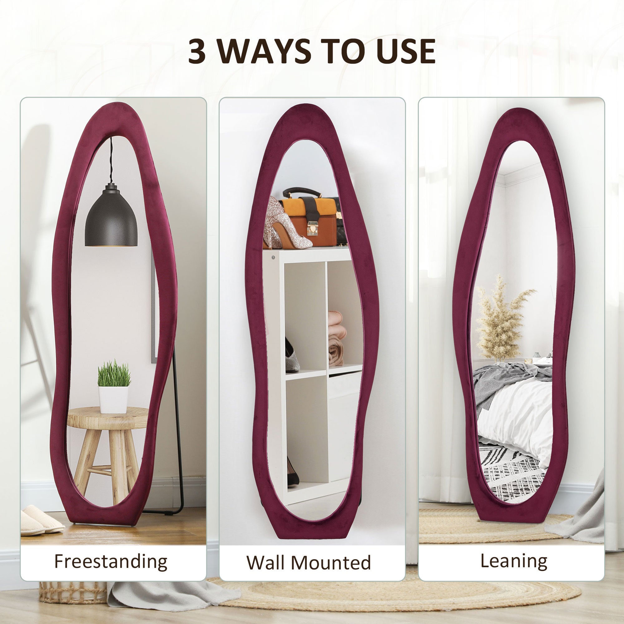 HOMCOM Wavy Velvet-Feel Full Length Mirror - Wine Red - North Peak Garden Furniture