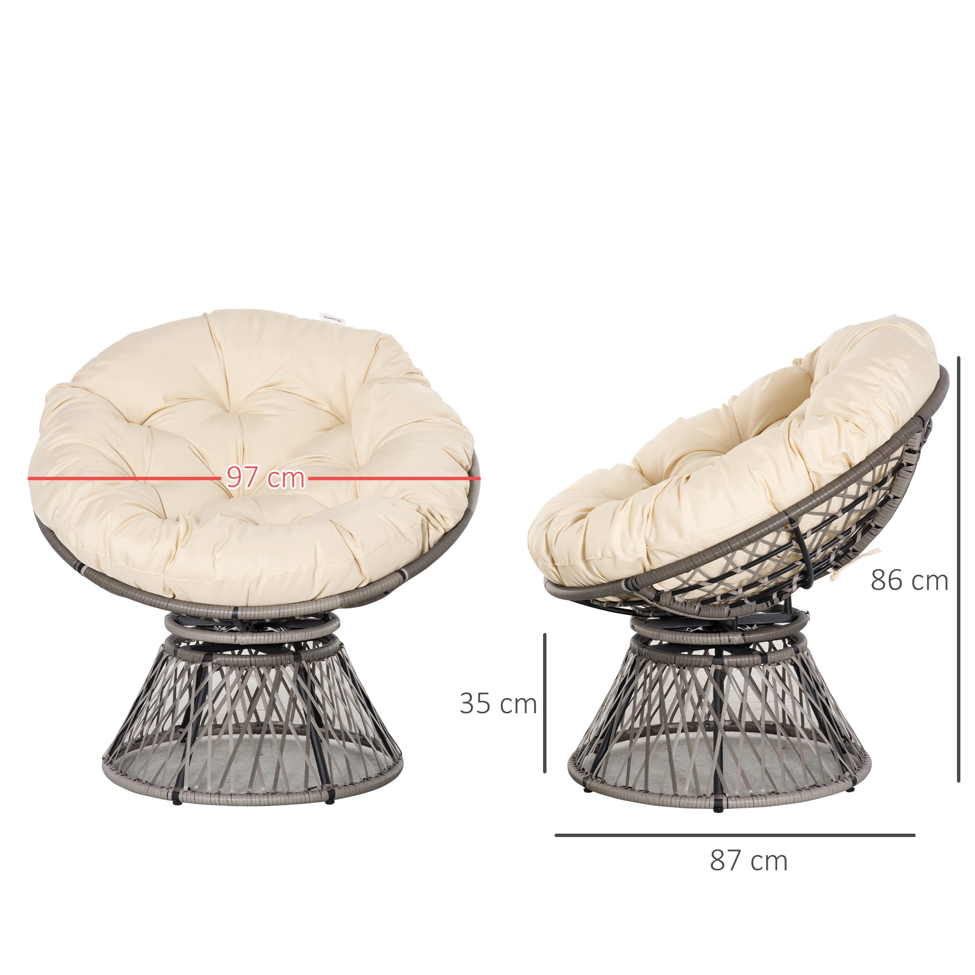 Outsunny 360° Swivel Rattan Moon Bowl Chair Round Lounge Garden Wicker Basket Seat with Padded Cushion Oversized for Outdoor Indoor, Beige