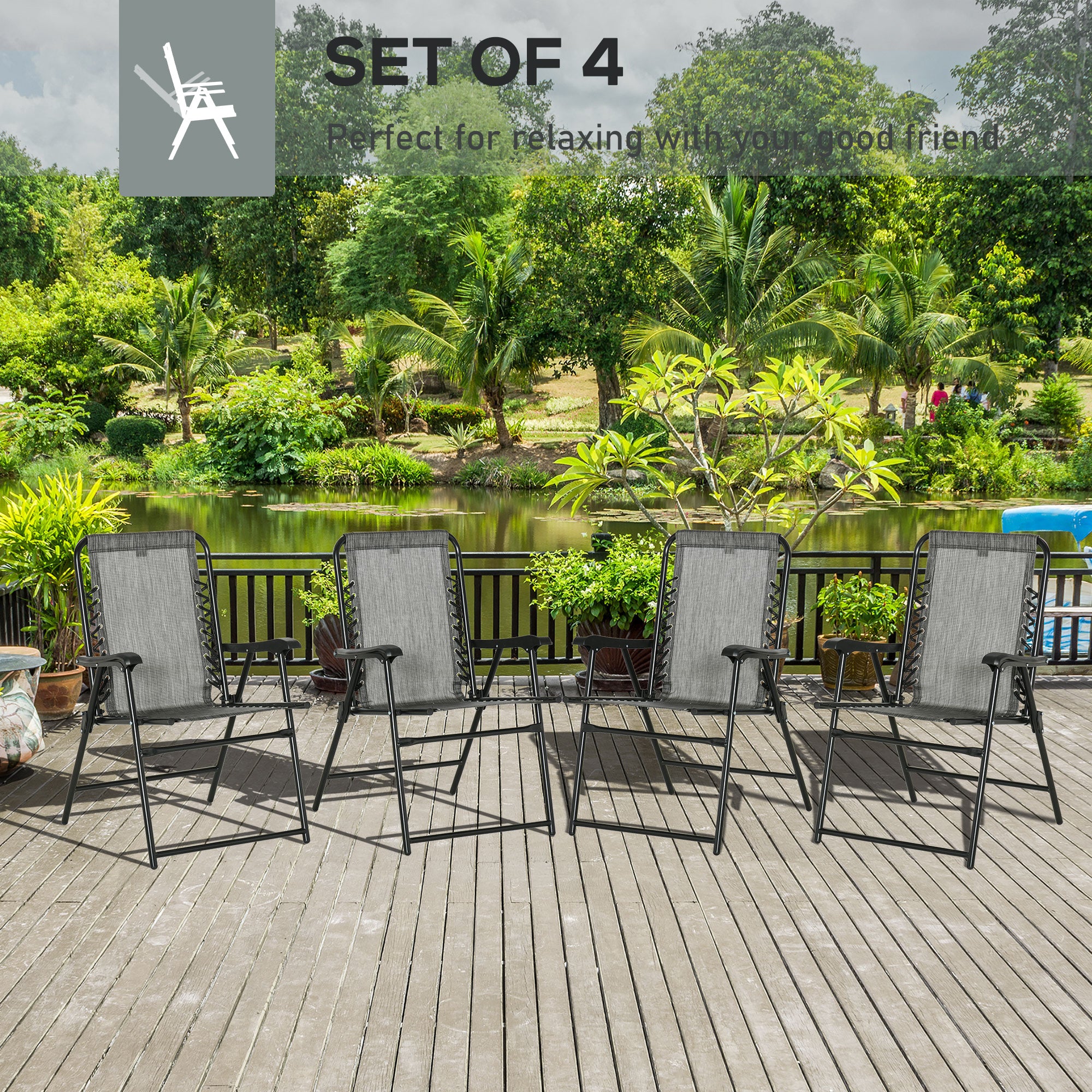 Outsunny Pieces Patio Folding Chair Set, Outdoor Portable Loungers for Camping Pool Beach Deck, Lawn Chairs with Armrest Steel Frame, Mixed Grey - North Peak Garden Furniture