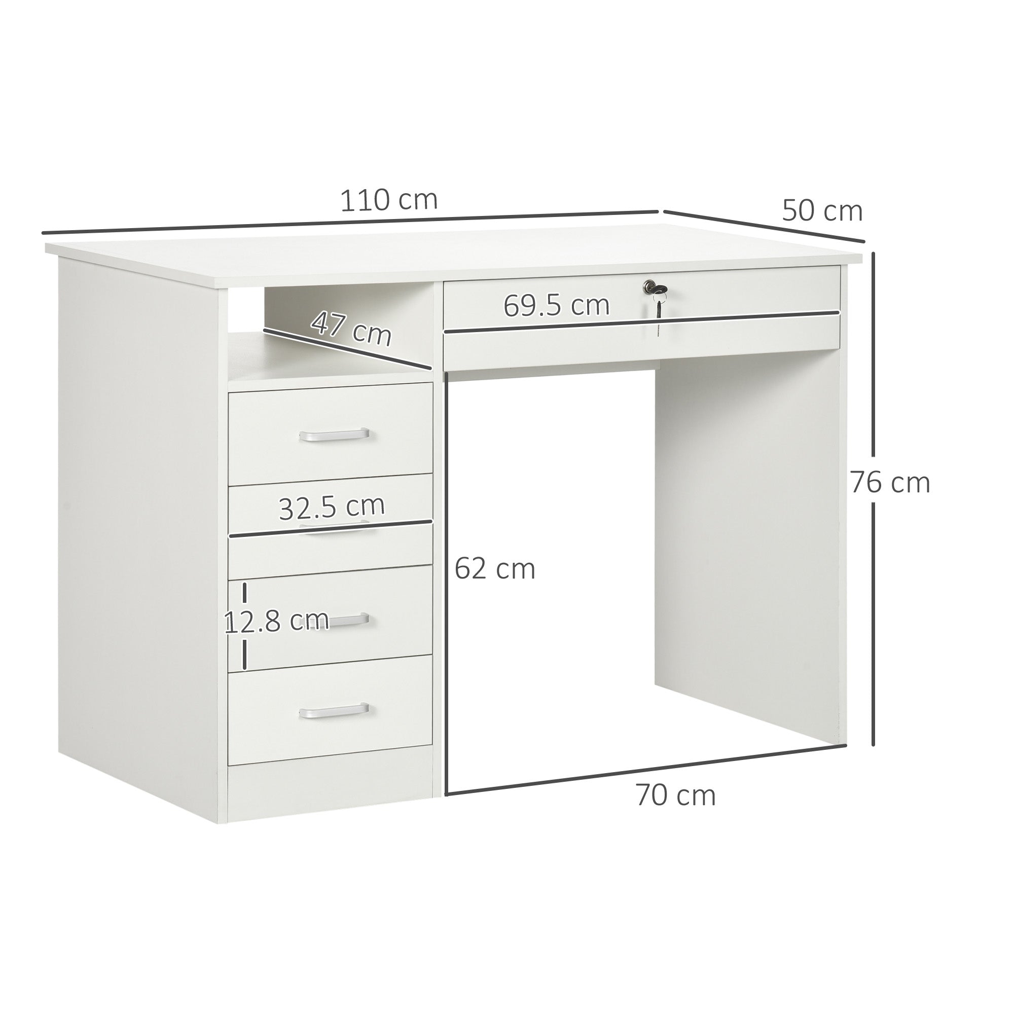 HOMCOM Computer Desk, Home Office Desk with Lockable Drawer, Storage Shelf for Study Bedroom, 110 x 50 x 76 cm, White - North Peak Garden Furniture