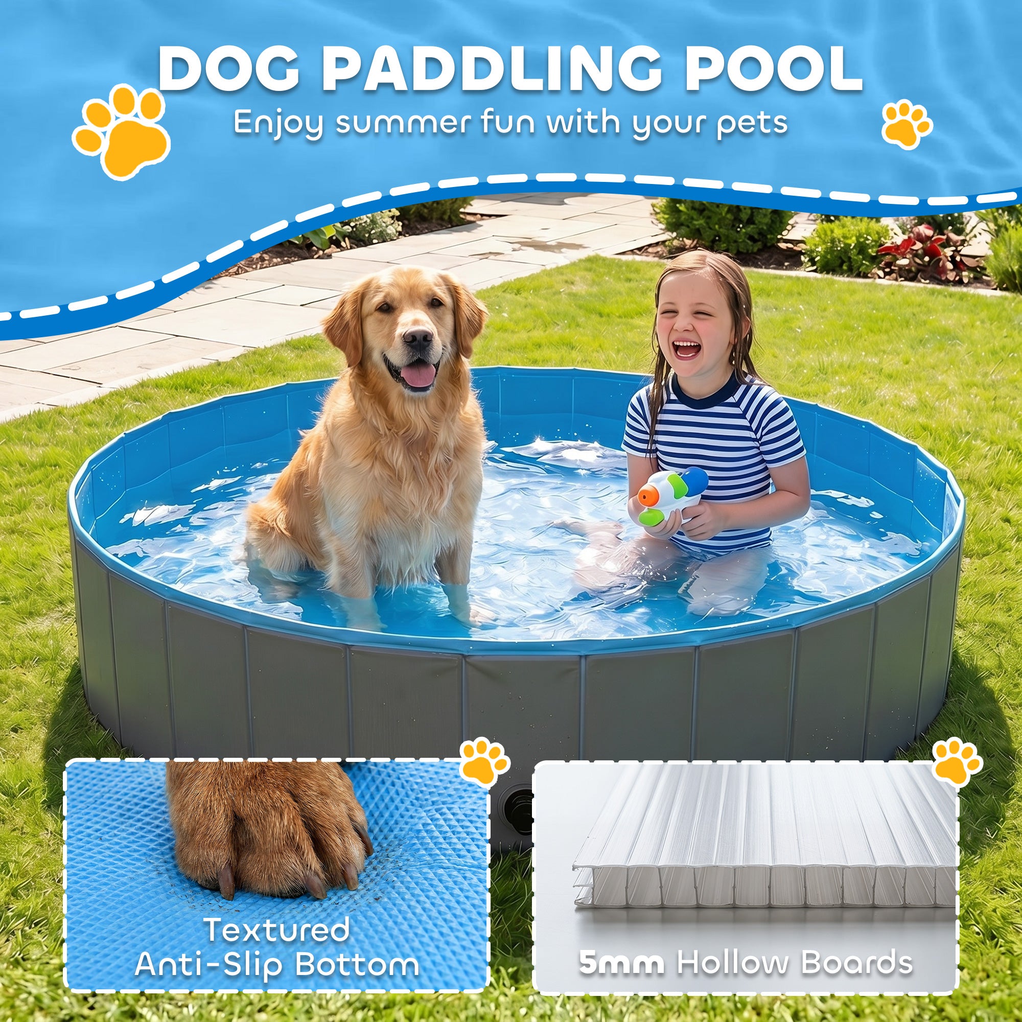 PawHut Foldable Dog Pool for Puppies and Ducks Dog Paddling Pool Bath Tub, Dark Grey, 140 x 30cm