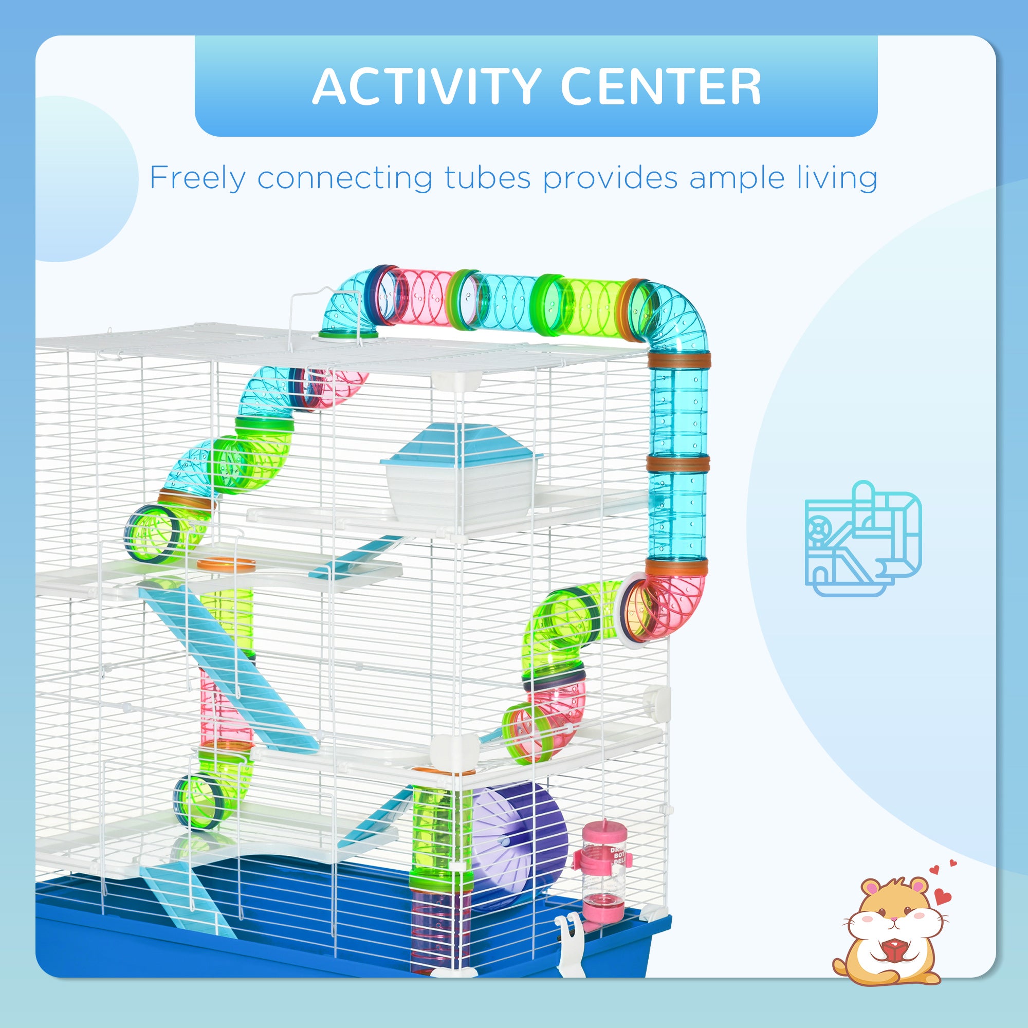 PawHut Hamster Cage with Tunnel Tube System, 5 Level Gerbil Haven with Water Bottle, Exercise Wheel, Food Dish, Ramps 59 cm x 36 cm x 69 cm - Blue - North Peak Garden Furniture