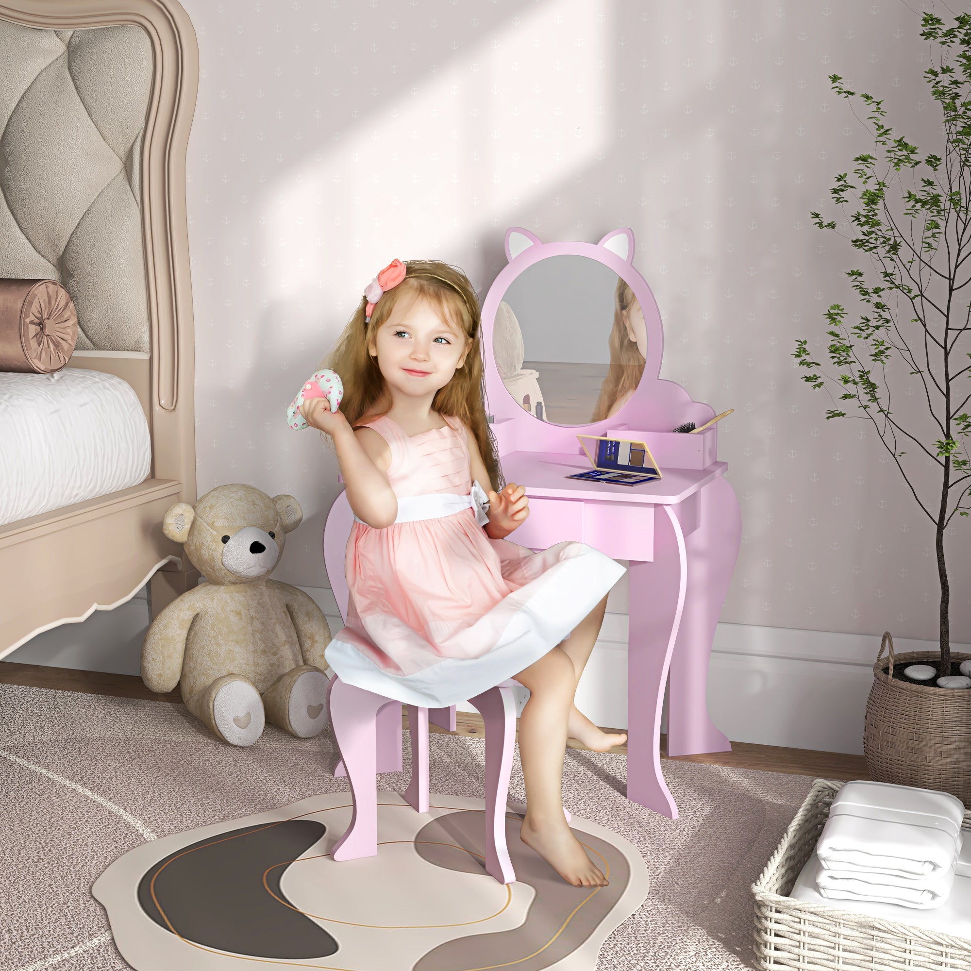ZONEKIZ Kids Vanity Table with Mirror, Stool, Drawer, Storage Boxes, Cat Design, for Ages 3-6 Years - Pink - North Peak Garden Furniture