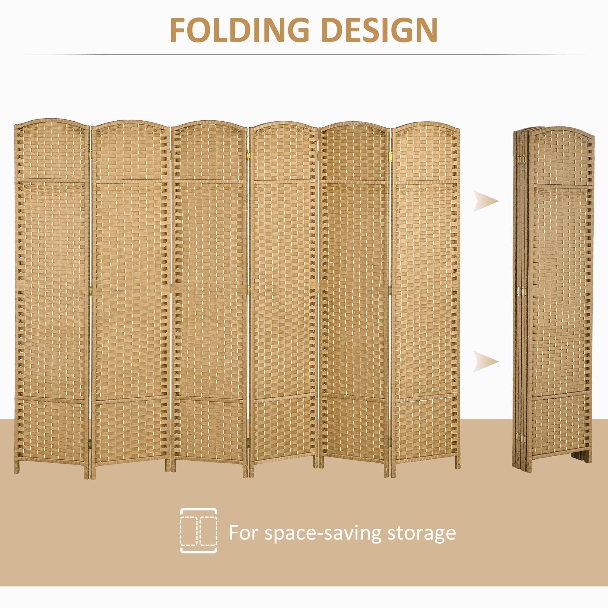 HOMCOM 6 Panel Folding Room Divider, Freestanding Privacy Screen for Living Room, Bedroom and Office, 240 x 170cm, Natural - North Peak Garden Furniture