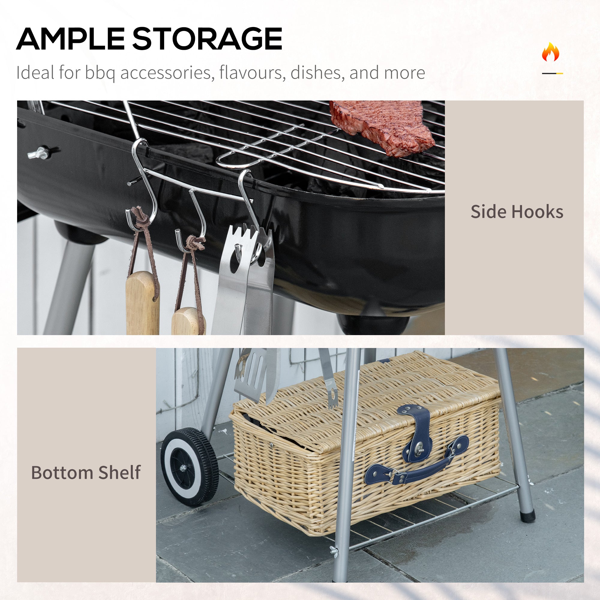 Outsunny Portable BBQ Charcoal Grill with 2 Wheels and Cooking Utensils, Smoker Grill with Lid for Outdoor Barbecues, Camping, Picnic, Courtyard - North Peak Garden Furniture
