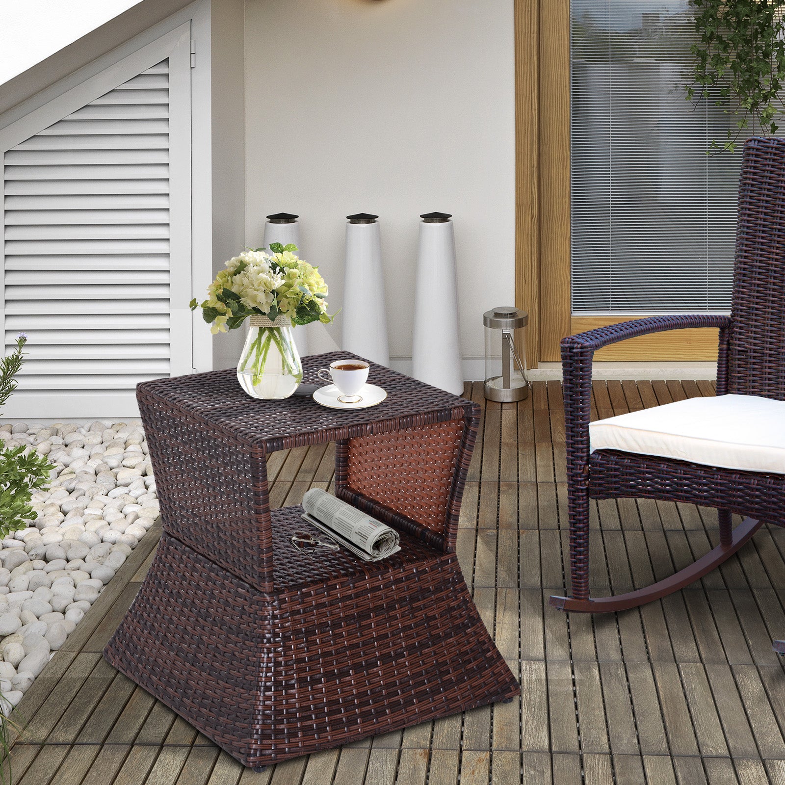 Outsunny Outdoor Patio Rattan Wicker Coffee Table Bistro Side Table w/ Umbrella Hole and Storage Space, Brown - North Peak Garden Furniture